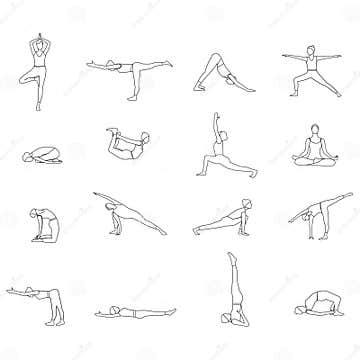 Yoga Postures Linear Silhouette Set. Stock Vector - Illustration of ...