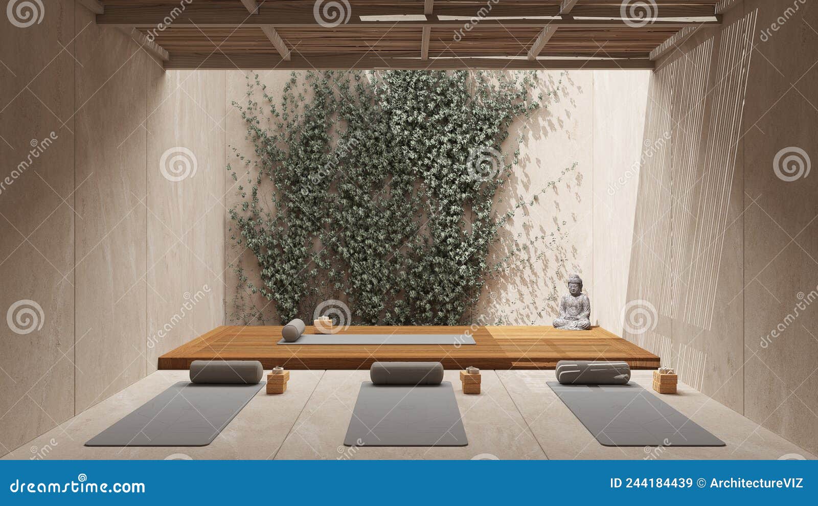 Yoga Studio Interior Design in Beige Tones, Japanese Zen Style