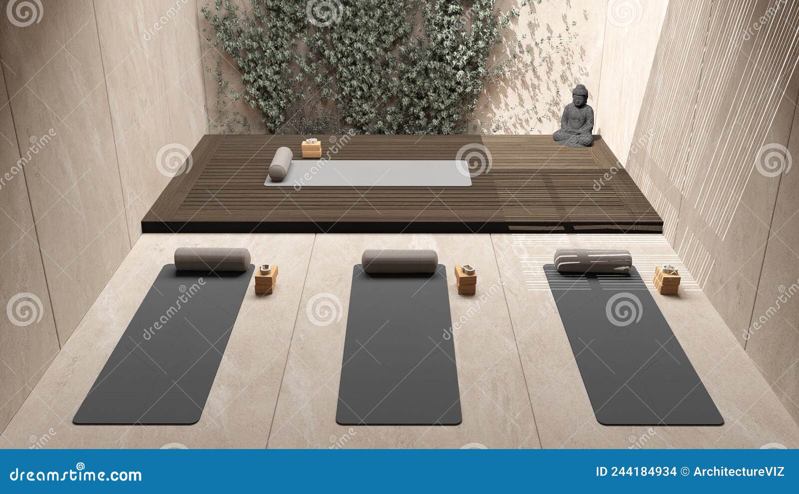 Yoga Studio Interior Design in Dark Tones, Japanese Zen Style, Exterior  Garden with Ivy, Wooden and Concrete Floor, Mats and Stock Illustration -  Illustration of calm, peace: 244184934