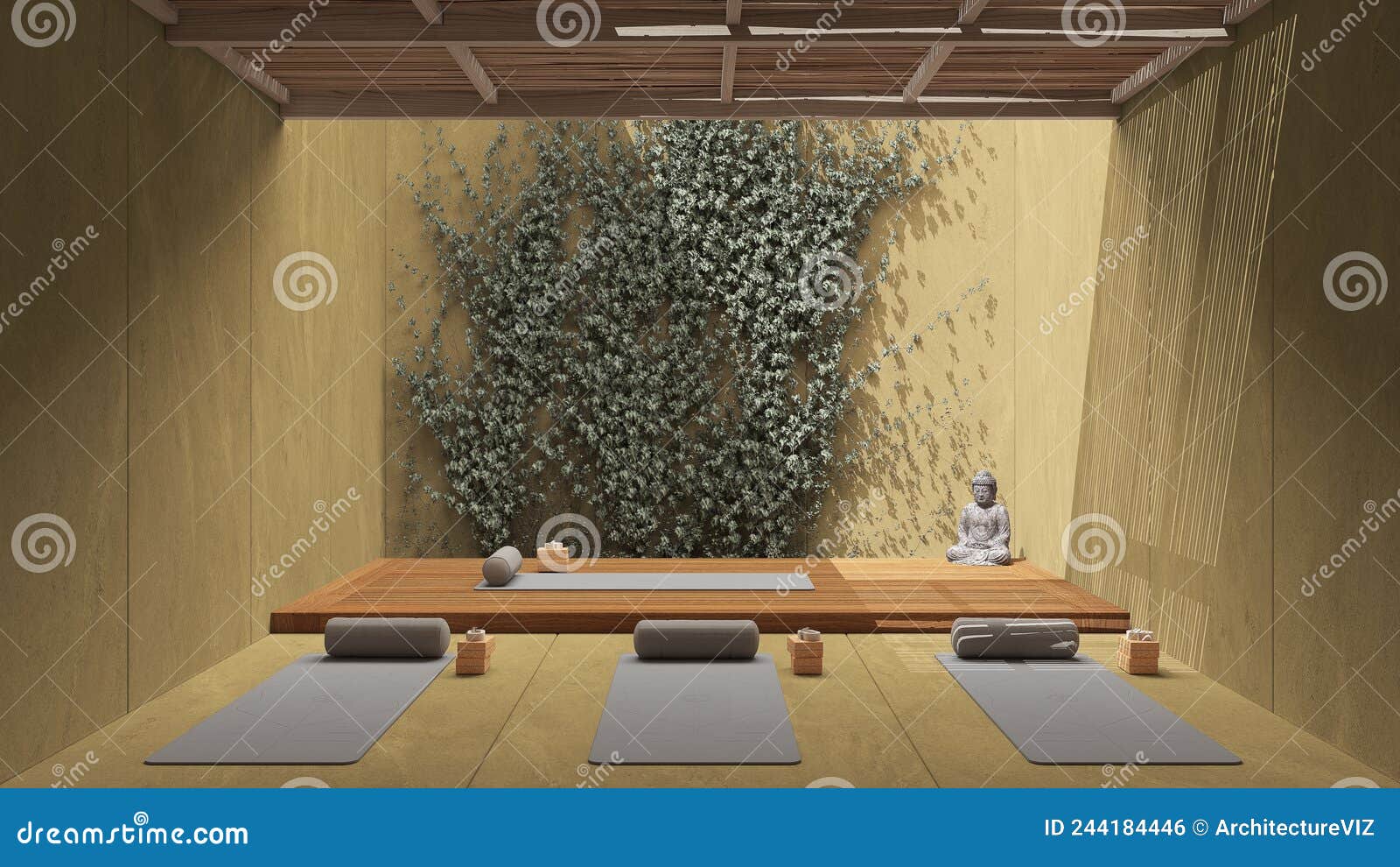 Yoga Studio Interior Design in Yellow Tones, Japanese Zen Style, Exterior  Garden, Concrete Walls with Ivy, Wooden Floor and Stock Illustration -  Illustration of garden, empty: 244184446