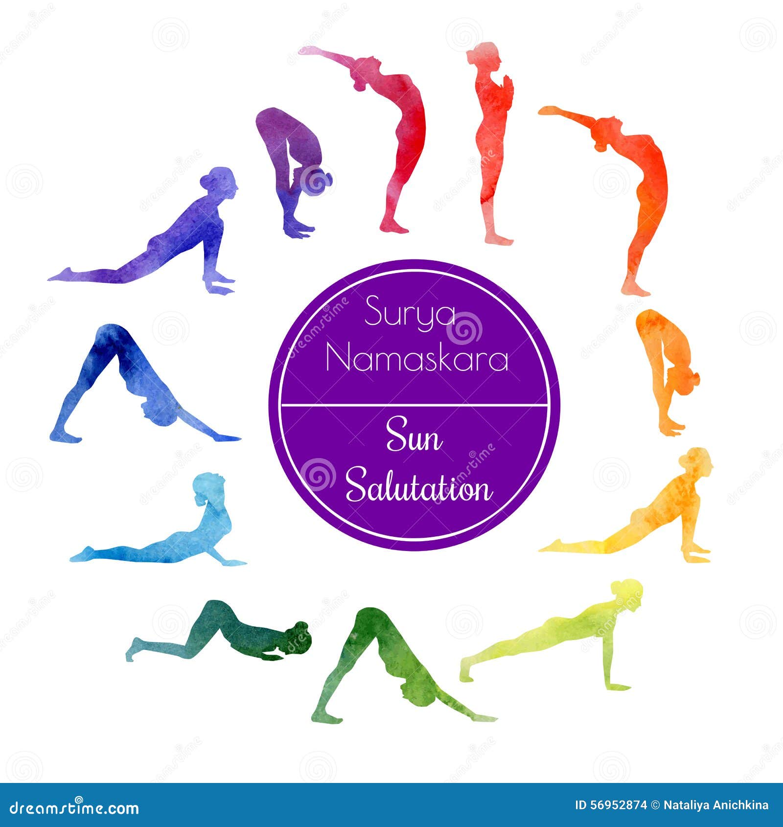 yoga sun salutation vector watercolor illustration exercise surya namaskara bright colorful silhouettes slim women 56952874