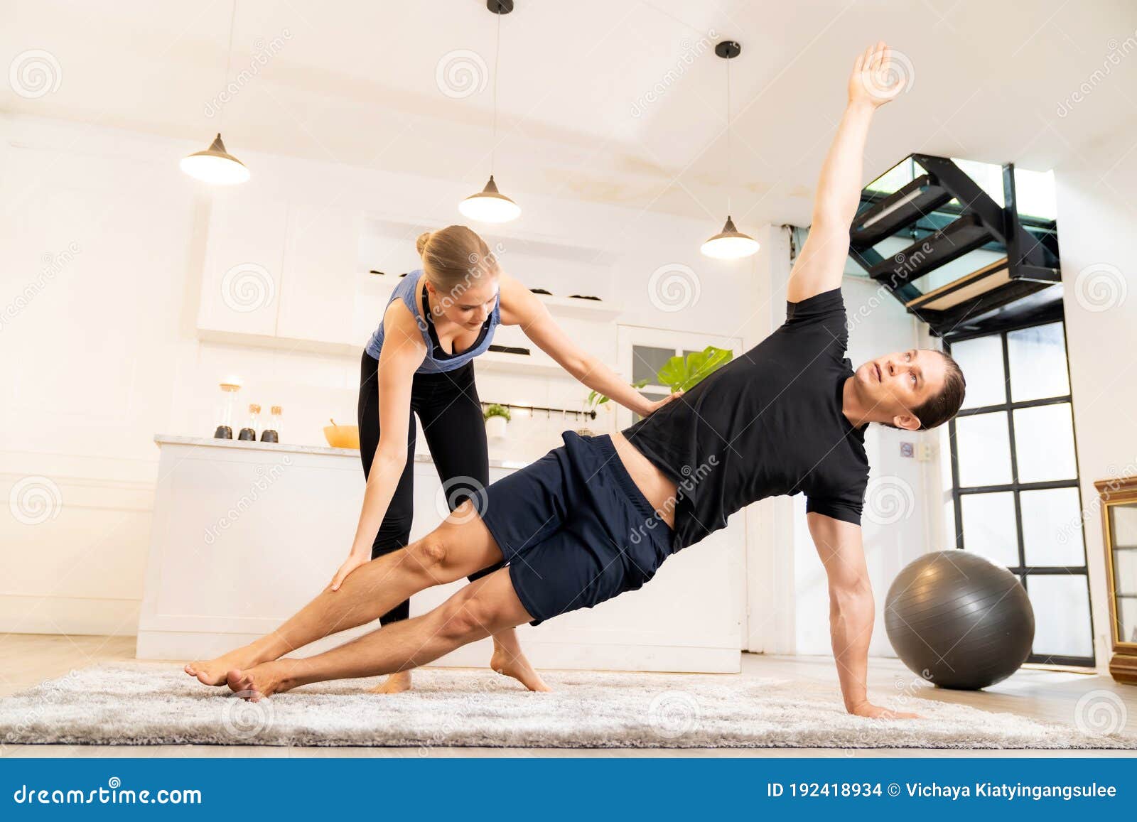 Yoga training at home stock photo. Image of show, delivery 192418934