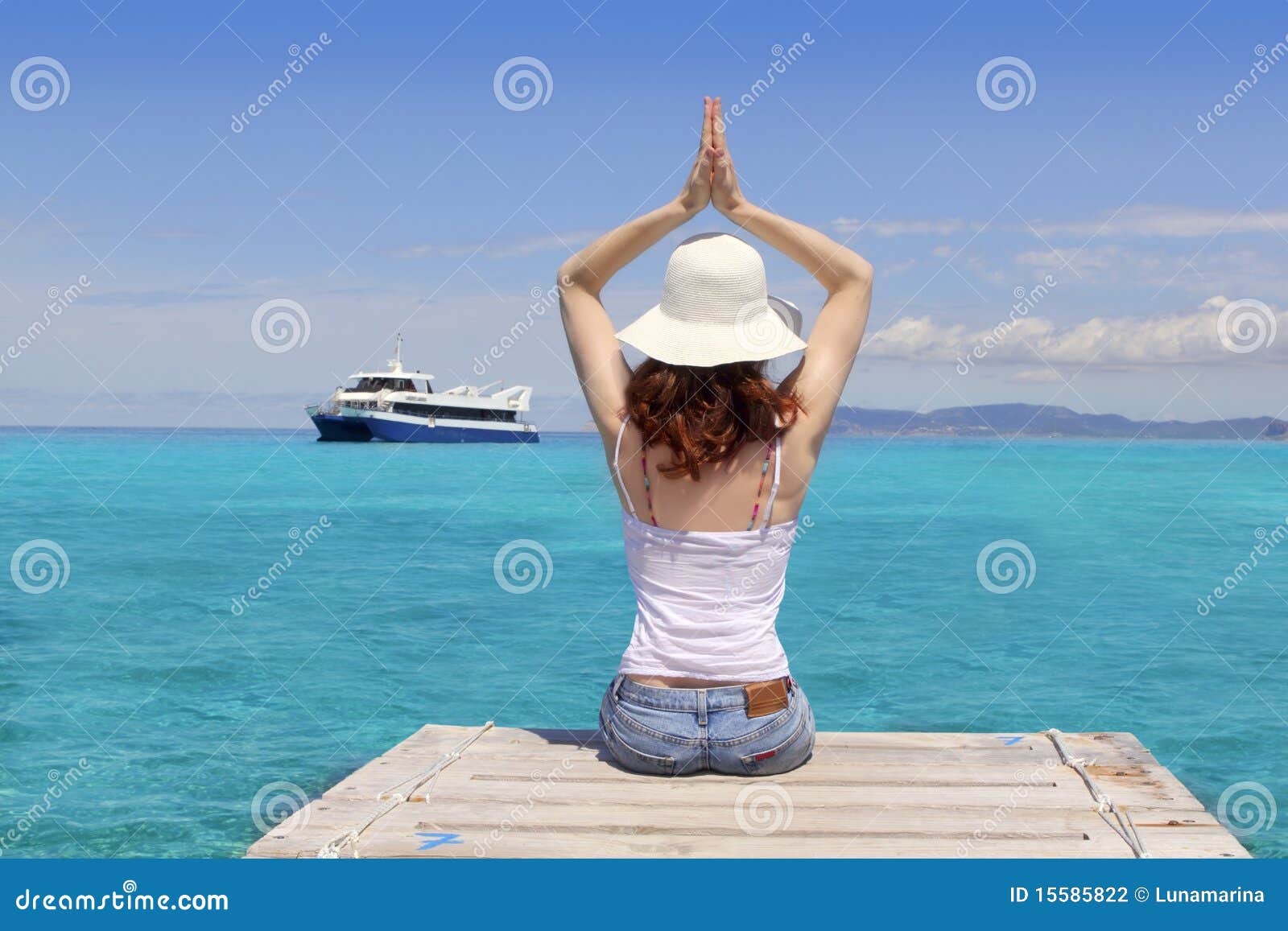 yoga woman relax tropical sea formentera balearic