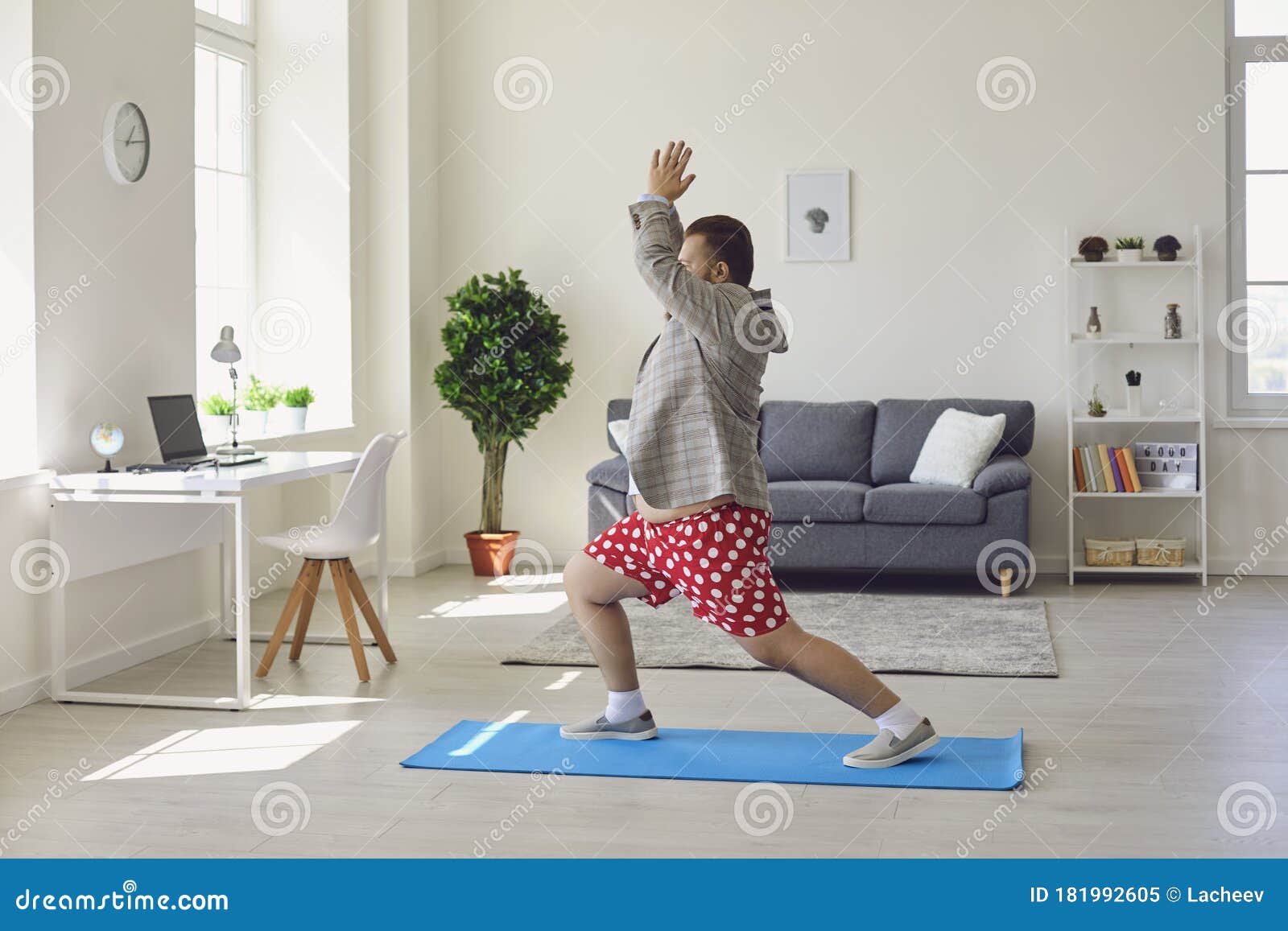 Yoga Work at Home. Funny Fat Man Practices Yoga Meditation while ...