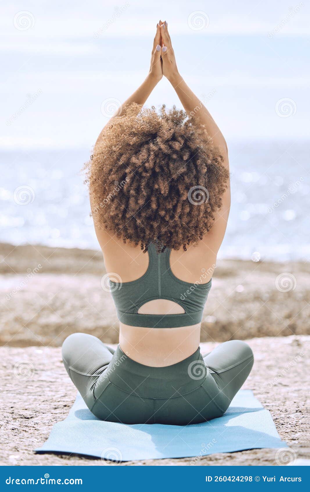 Yoga, Zen and Back View of Black Woman at Beach on Yoga Mat Outdoors for  Health, Wellness or Mobility. Meditation, Hands Stock Photo - Image of  health, outside: 260424298