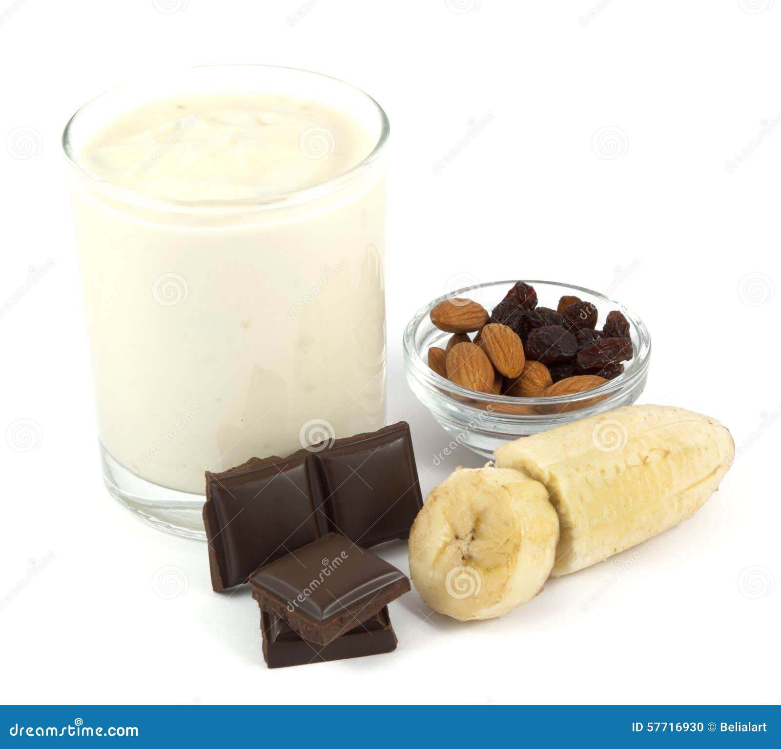 Yogurt with Banana, Chocolate, Almonds and Raisins Stock Photo Image