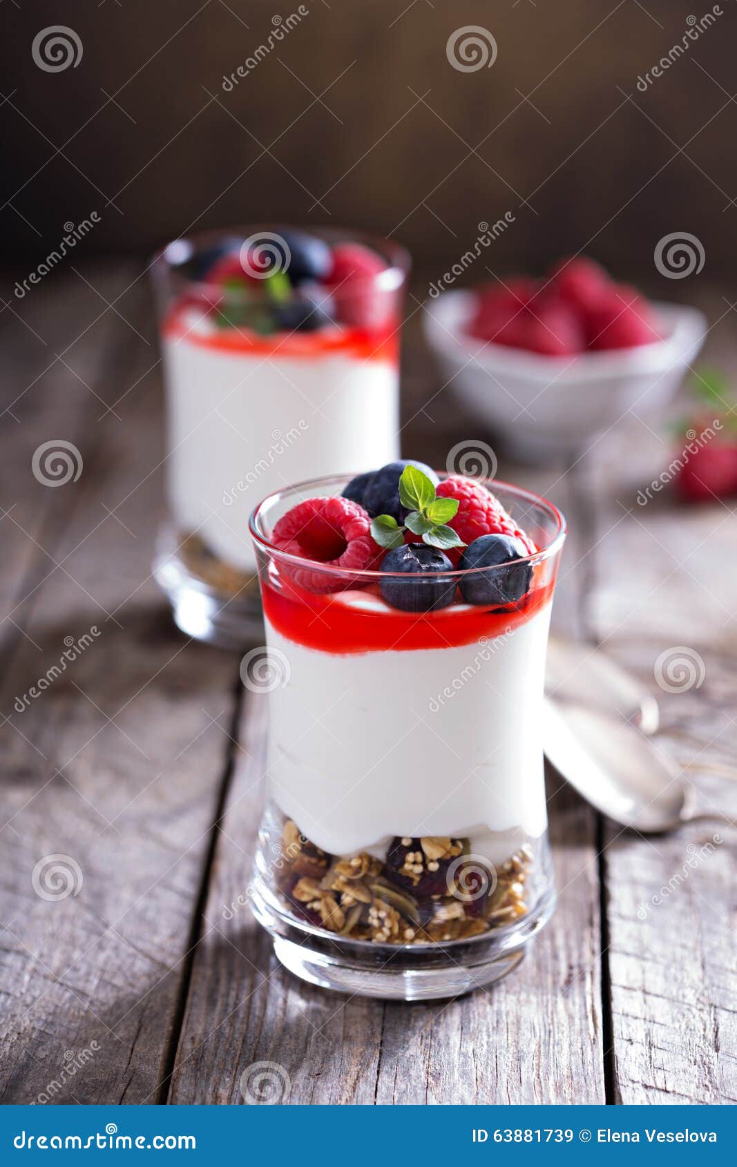 Yogurt and Berry Dessert in Small Glasses Stock Image Image of