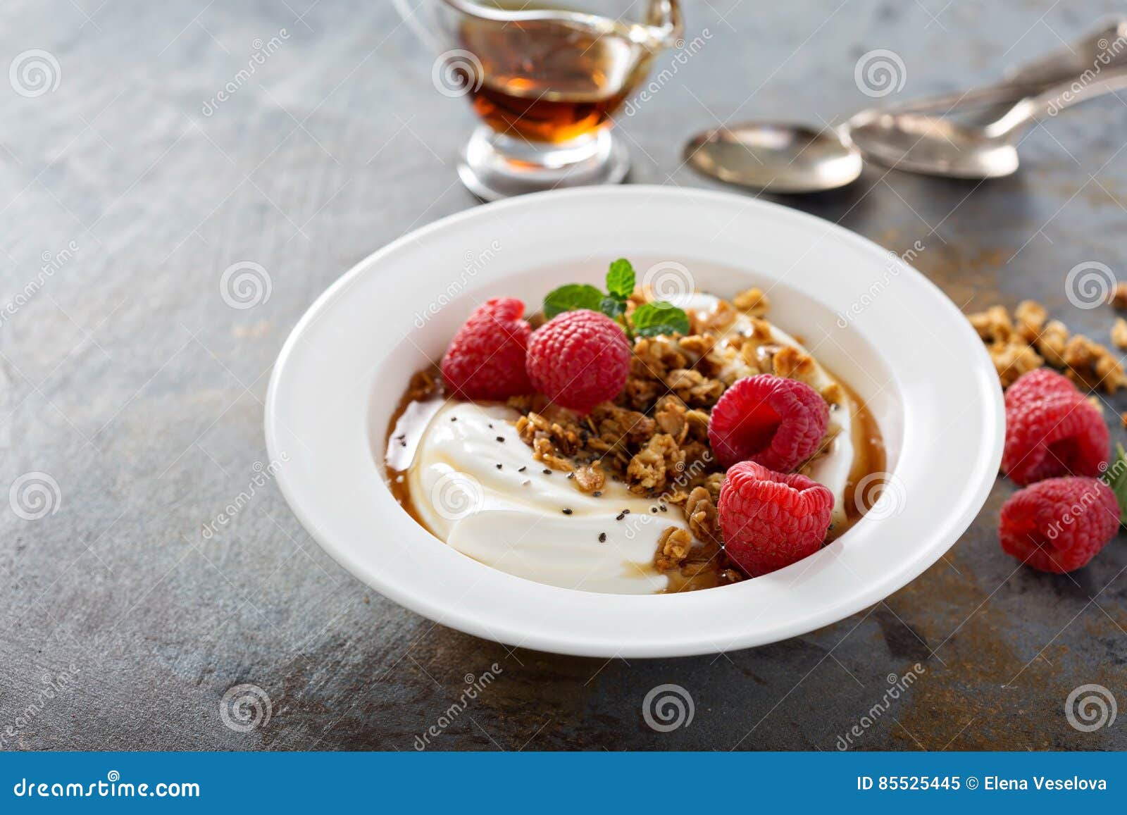 Yogurt Bowl with Raspberry and Maple Syrup Stock Image Image of