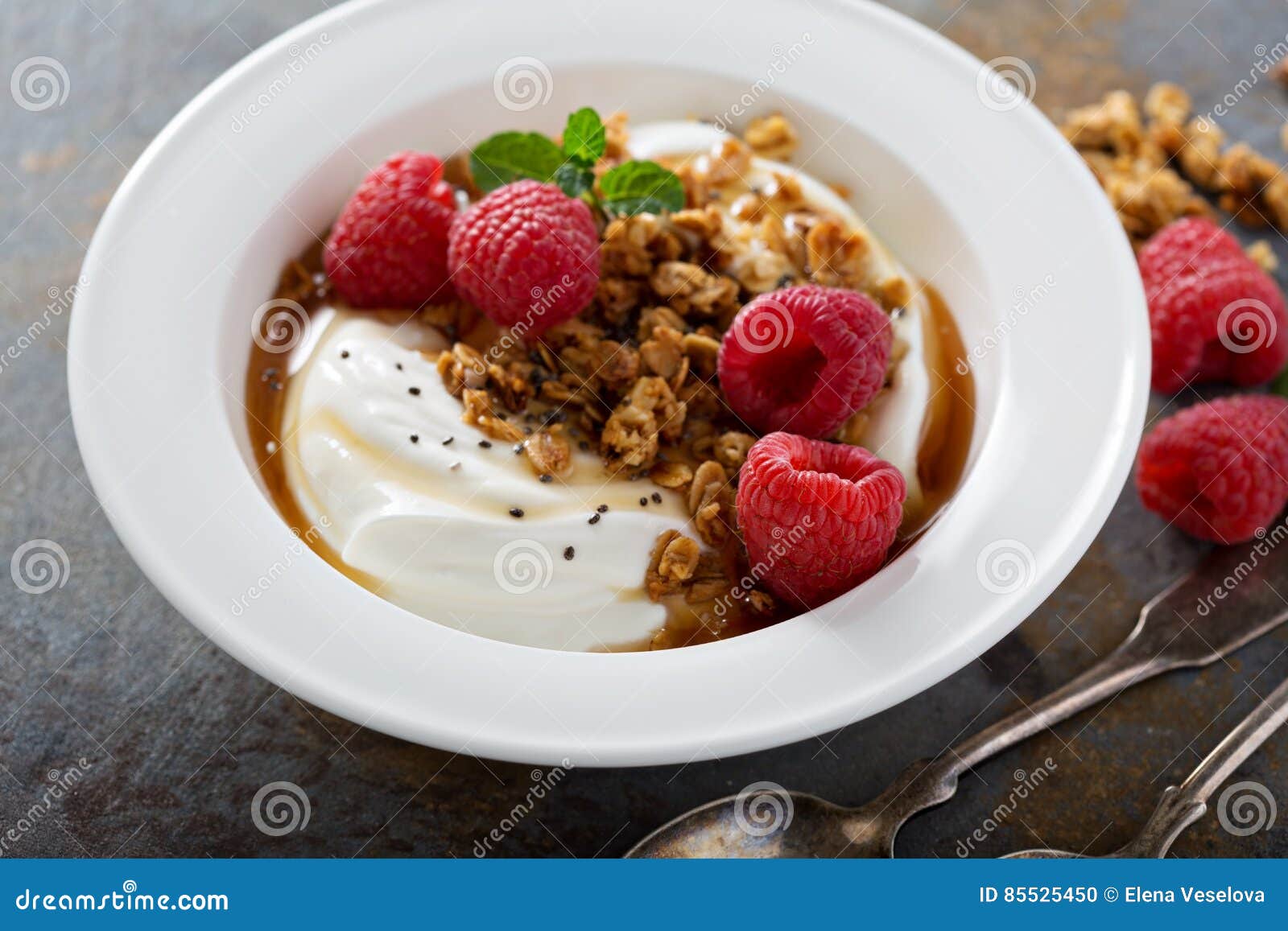Yogurt Bowl with Raspberry and Maple Syrup Stock Photo Image of