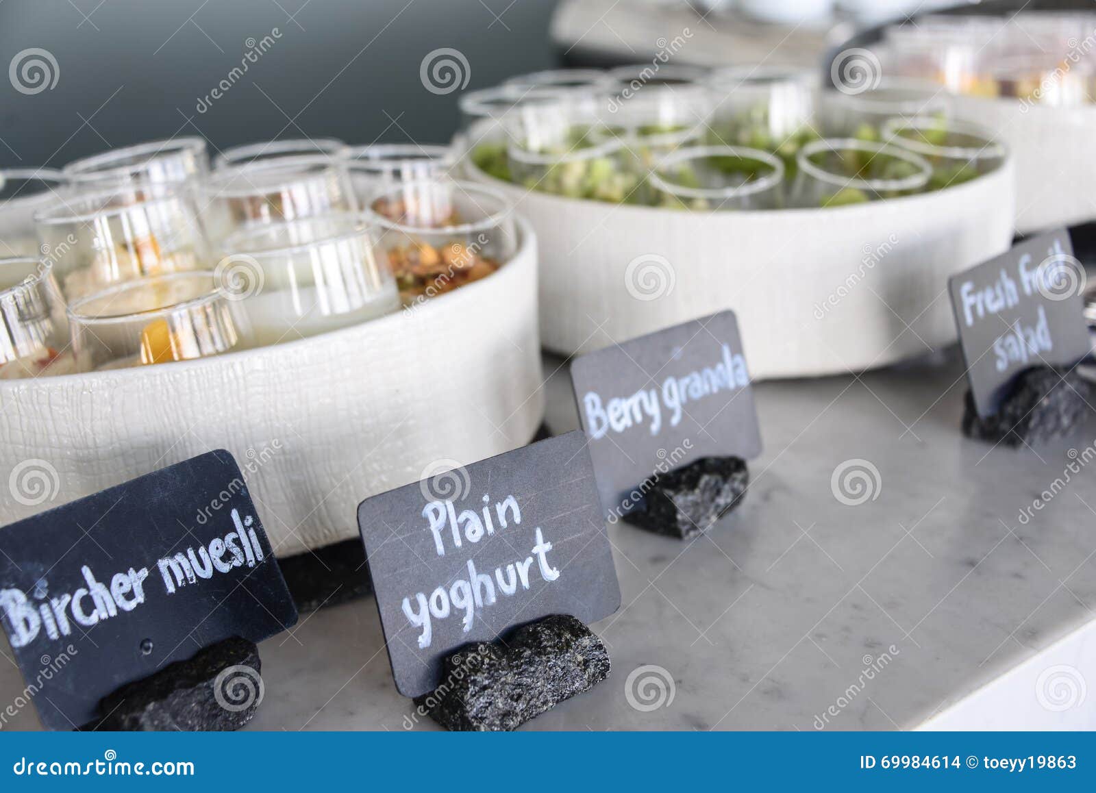 Yogurt on breakfast buffet stock photo. Image of brown 69984614