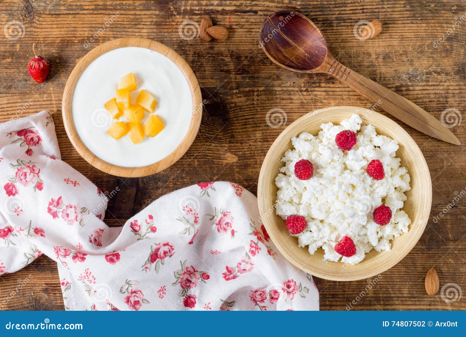 Yogurt And Cottage Cheese With Fruits Overhead View Stock Photo
