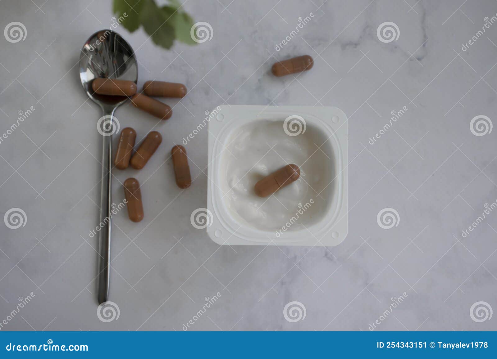 Yogurt a Plastic Cup, Probiotic Ingredient Capsule Stock Image Image