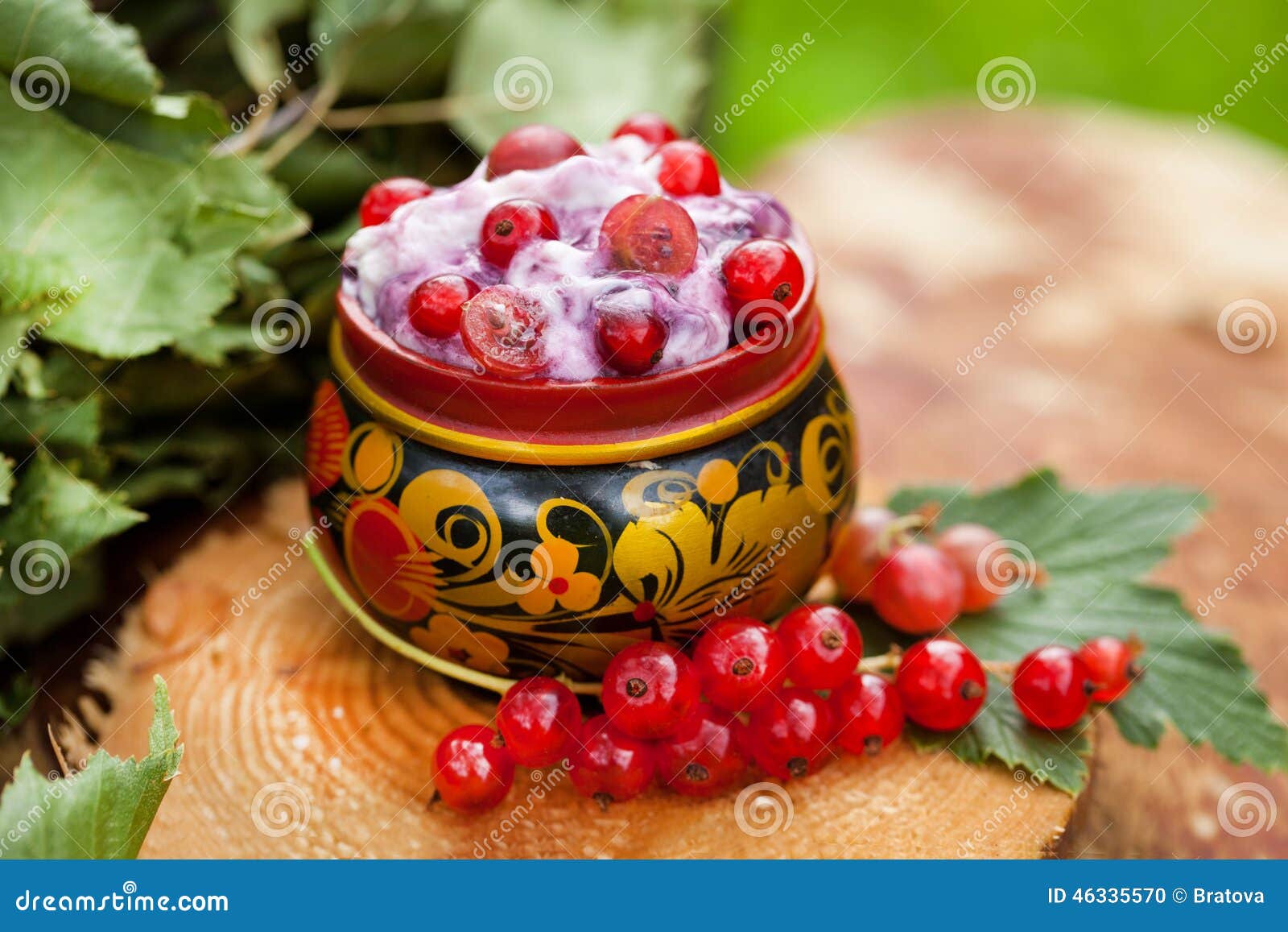 Yogurt with Red Currants in a Bowl of Russian Folk Stock Photo Image