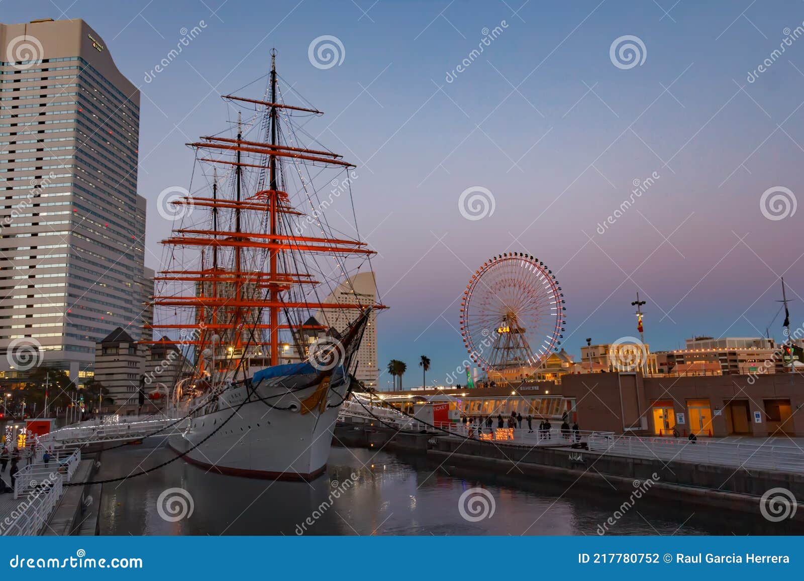 yokohama minato mirai 21 area and training ship for the cadets of the japanese merchant marine nippon maru. yokohama, japan