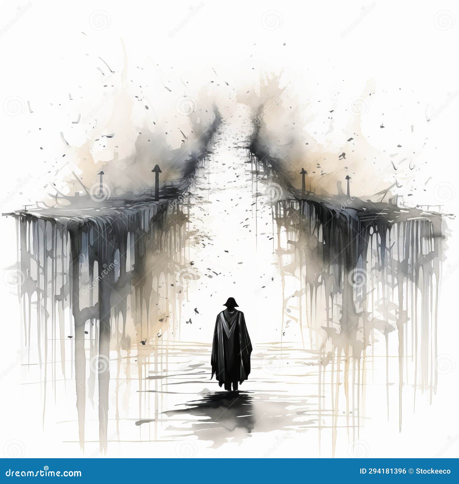 gothic : a man in cape walking down a path with drips
