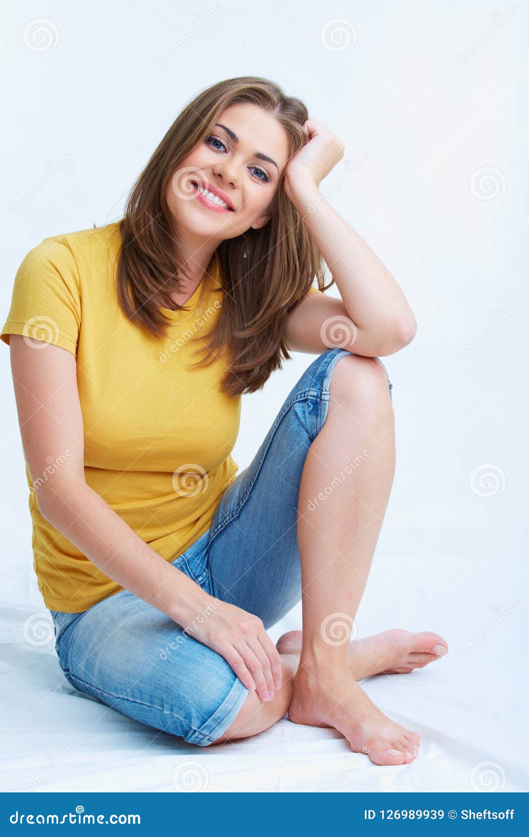 Yong Woman Sitting on Floor, Stock Image - Image of beauty, background ...