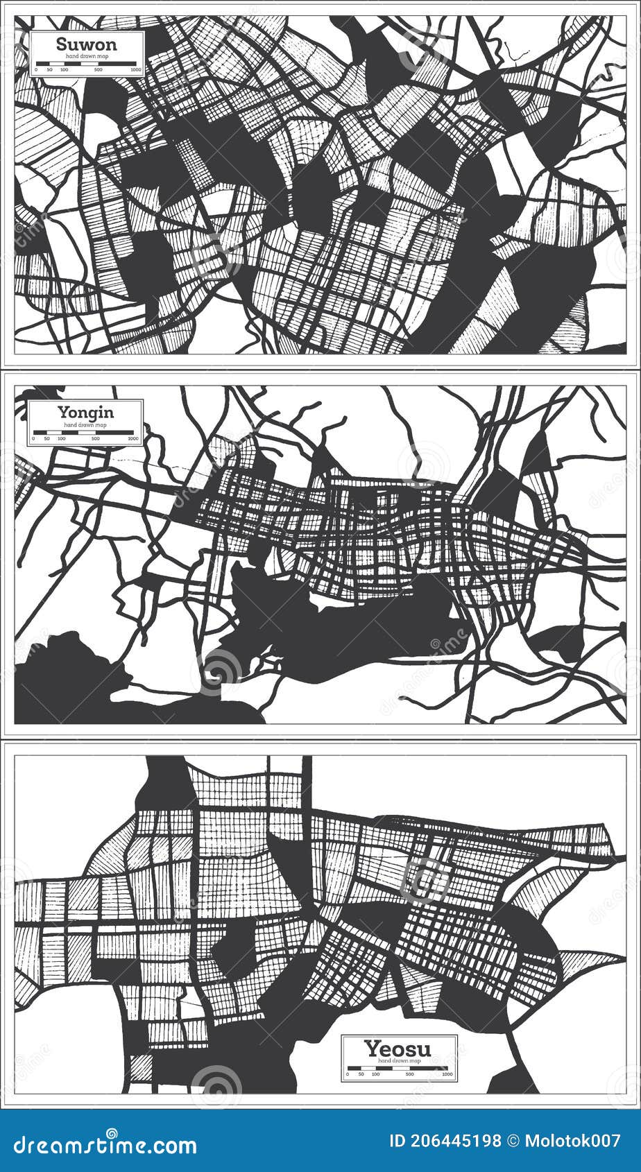 yongin, yeosu and suwon south korea city maps set in black and white color in retro style