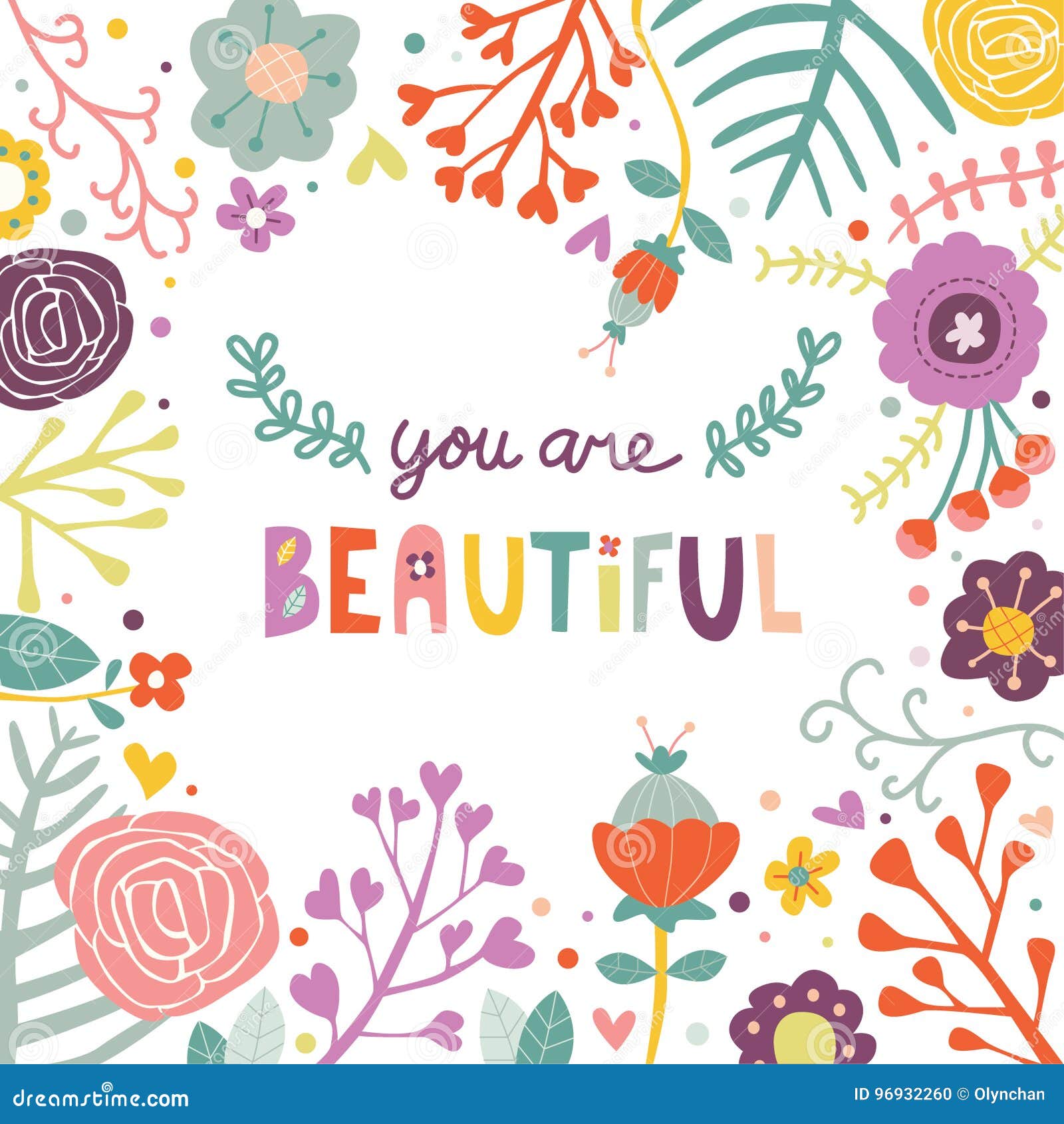 You are Beautiful Greeting Card Cute Flower Doodle Vector Illustration ...