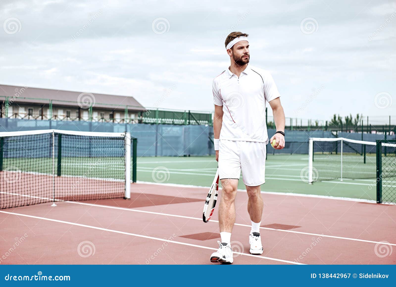 You Can T Win Unless You Learn How To Lose Handsome Man Standing On The Tennis Court With The Racket And The Ball In Stock Image Image Of Hobby Male
