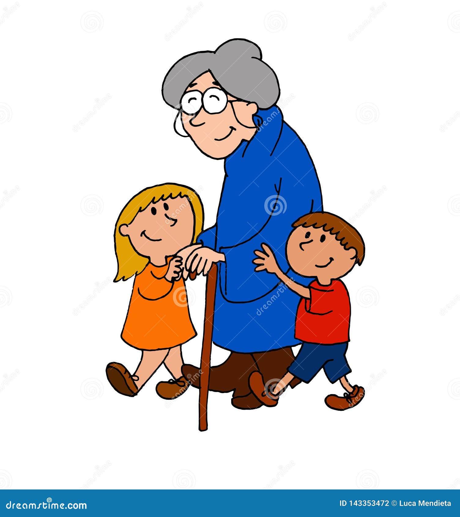 Cute Illustration of a Boy and a Girl Helping an Elderly Woman Walk