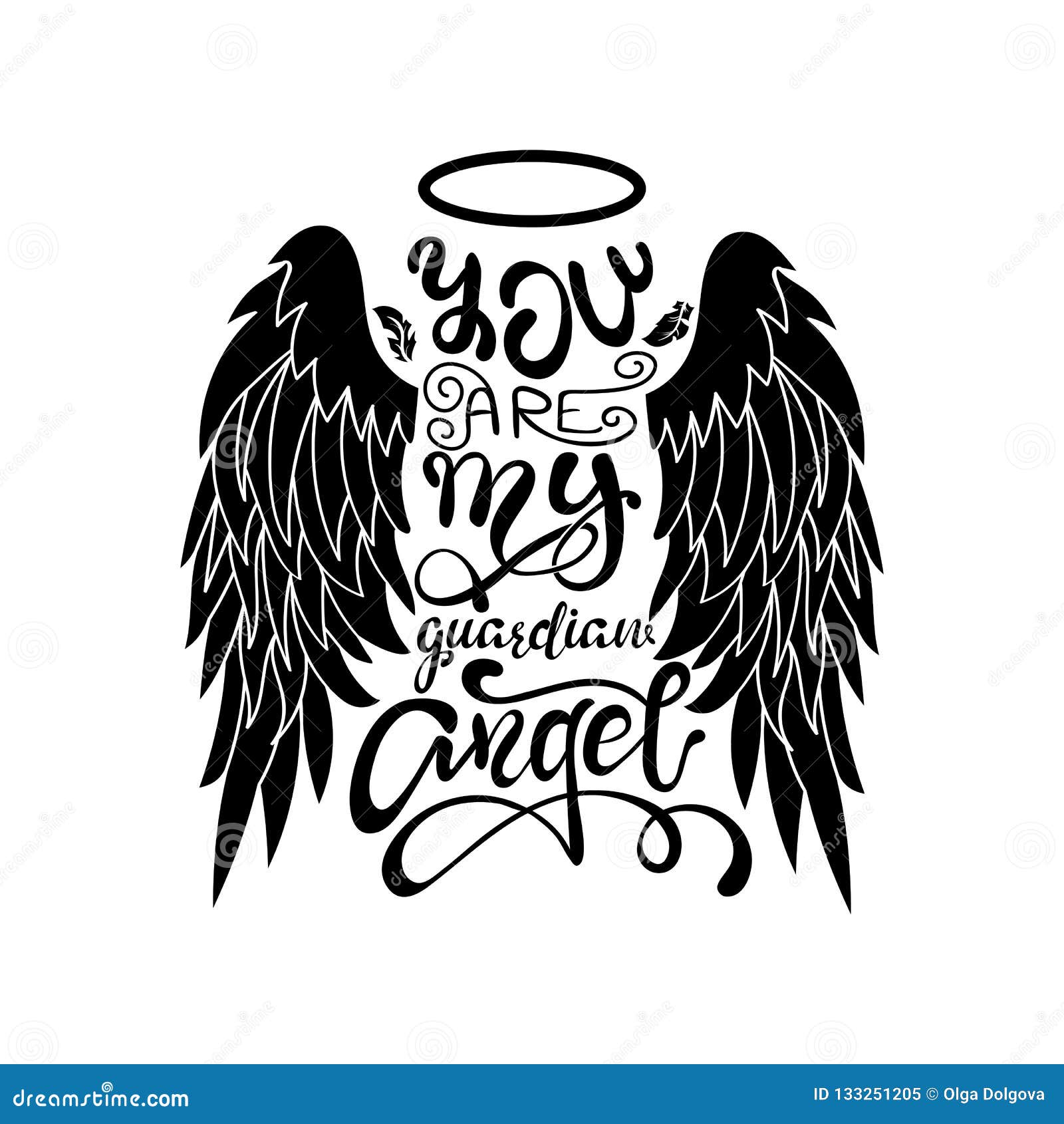 `you are my guardian angel!` black on white  lettering. cartoon angel wings with a halo and calligraphic message.
