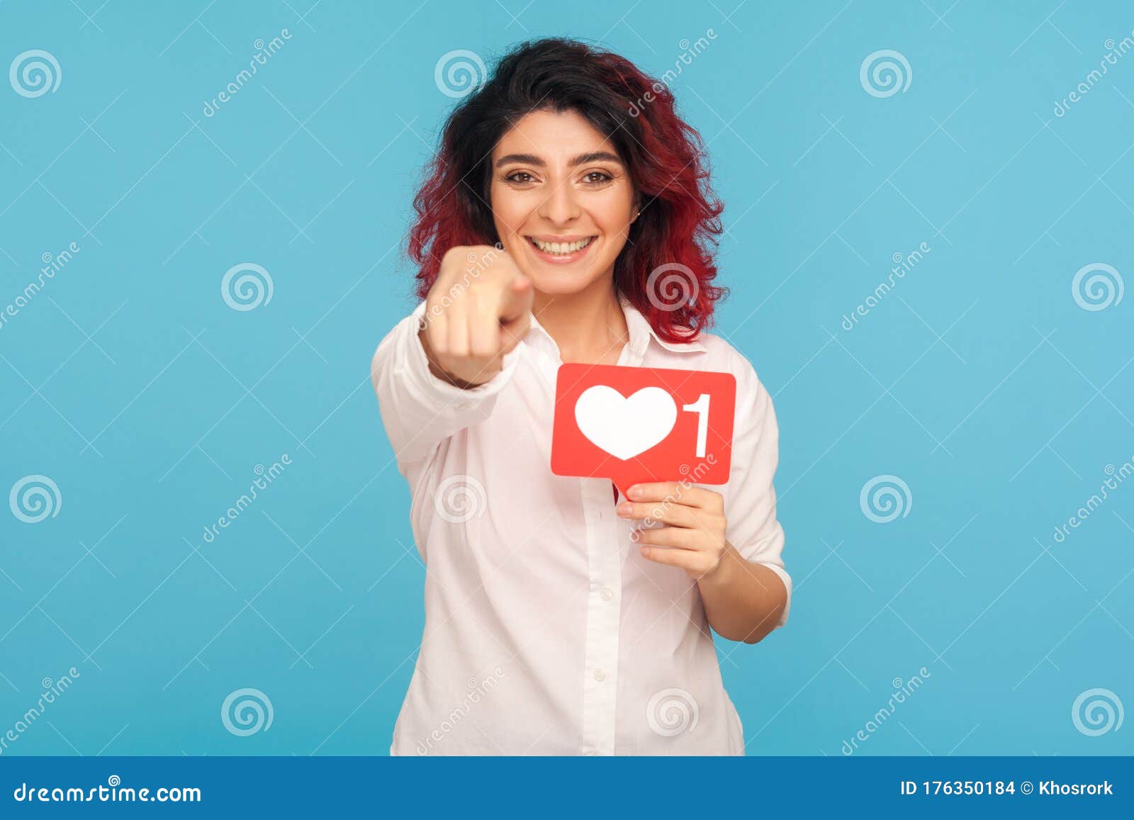 You Push Like Button of Social Media! Portrait of Pretty Girl with ...