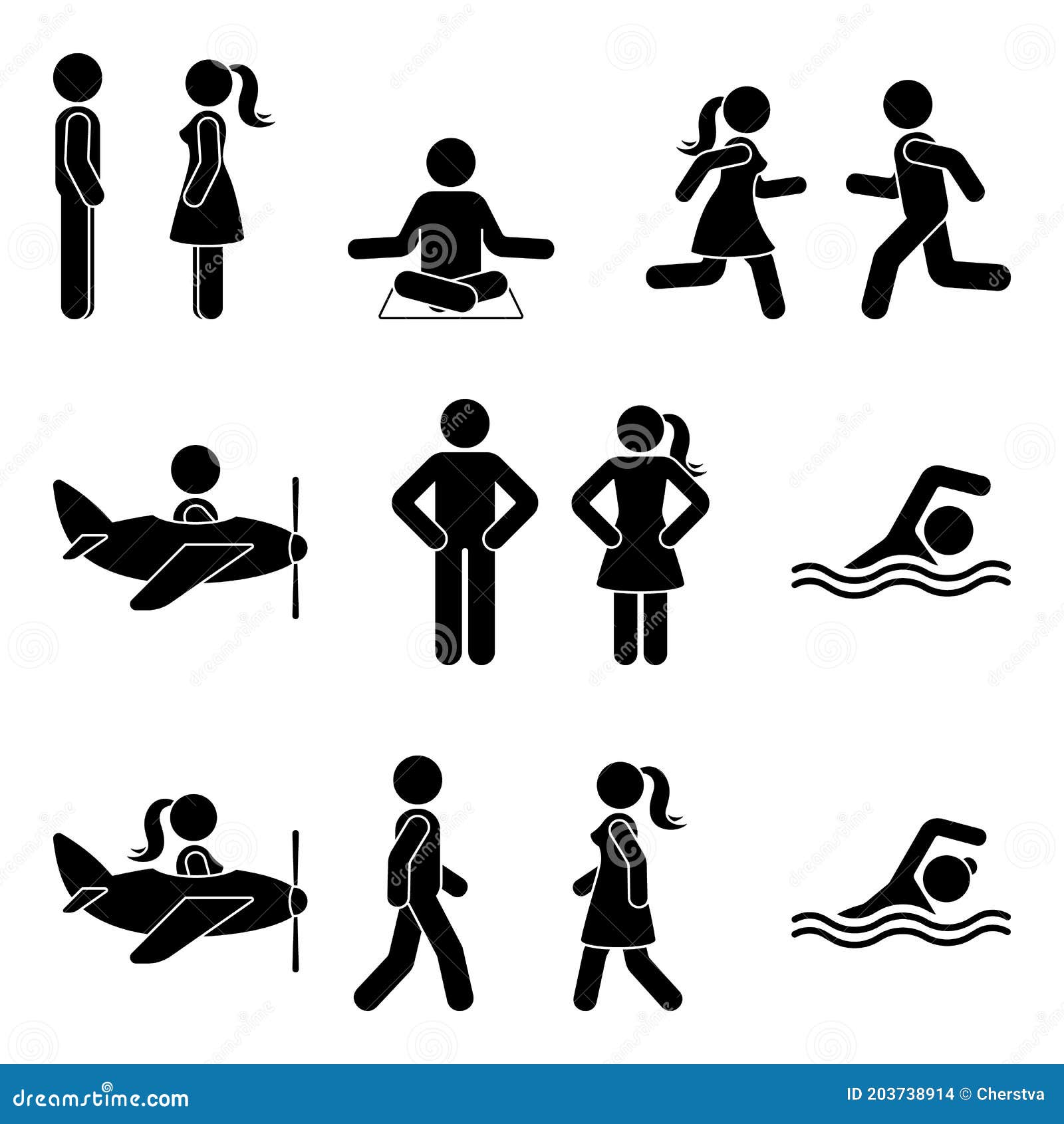 Active Stick Figure Man, Woman Flying, Swimming, Standing, Walking, Running,  Sitting, Meditating Vector Illustration Icon Set Stock Vector - Illustration  of flying, couple: 203738914