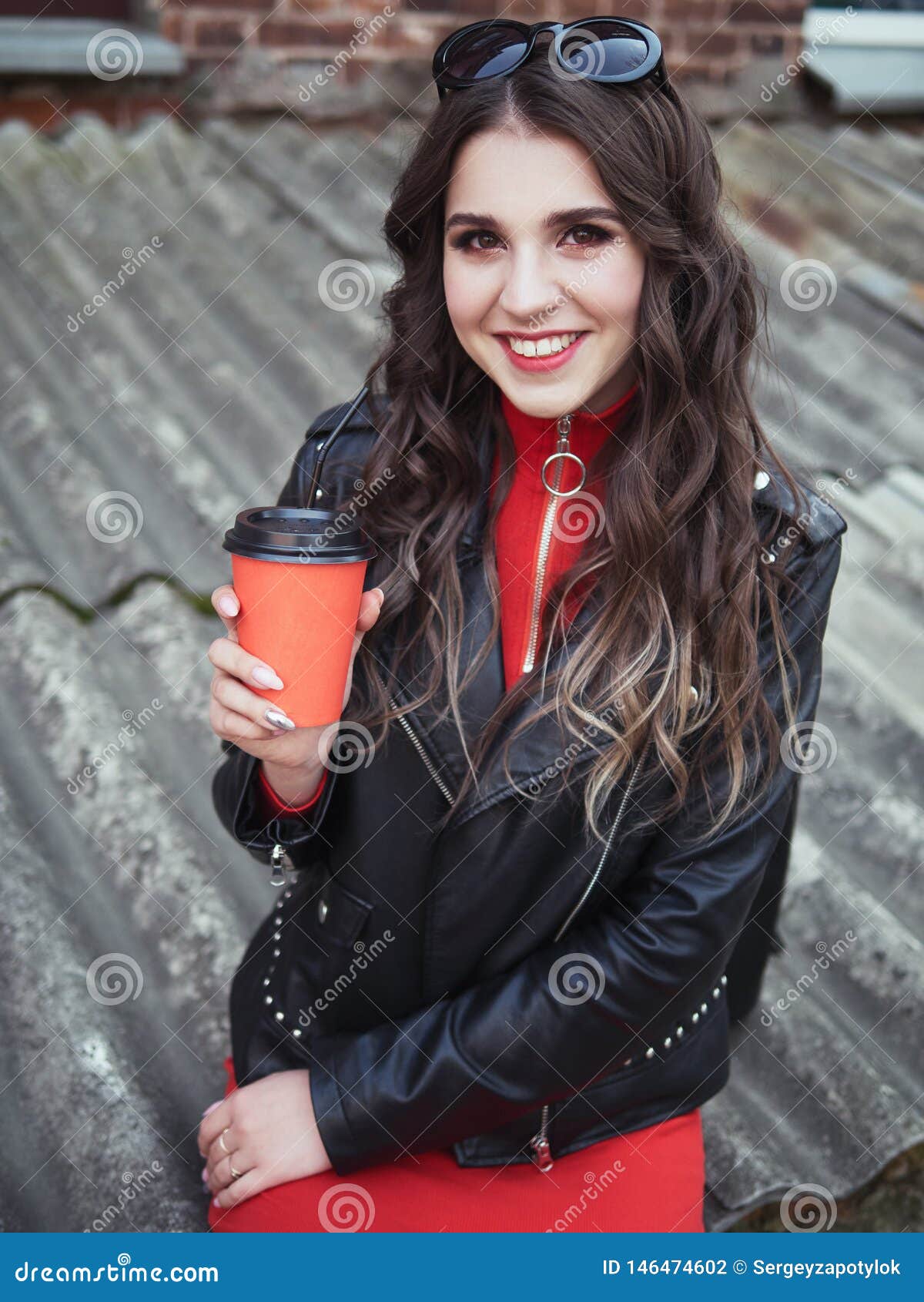 black dress with red leather jacket