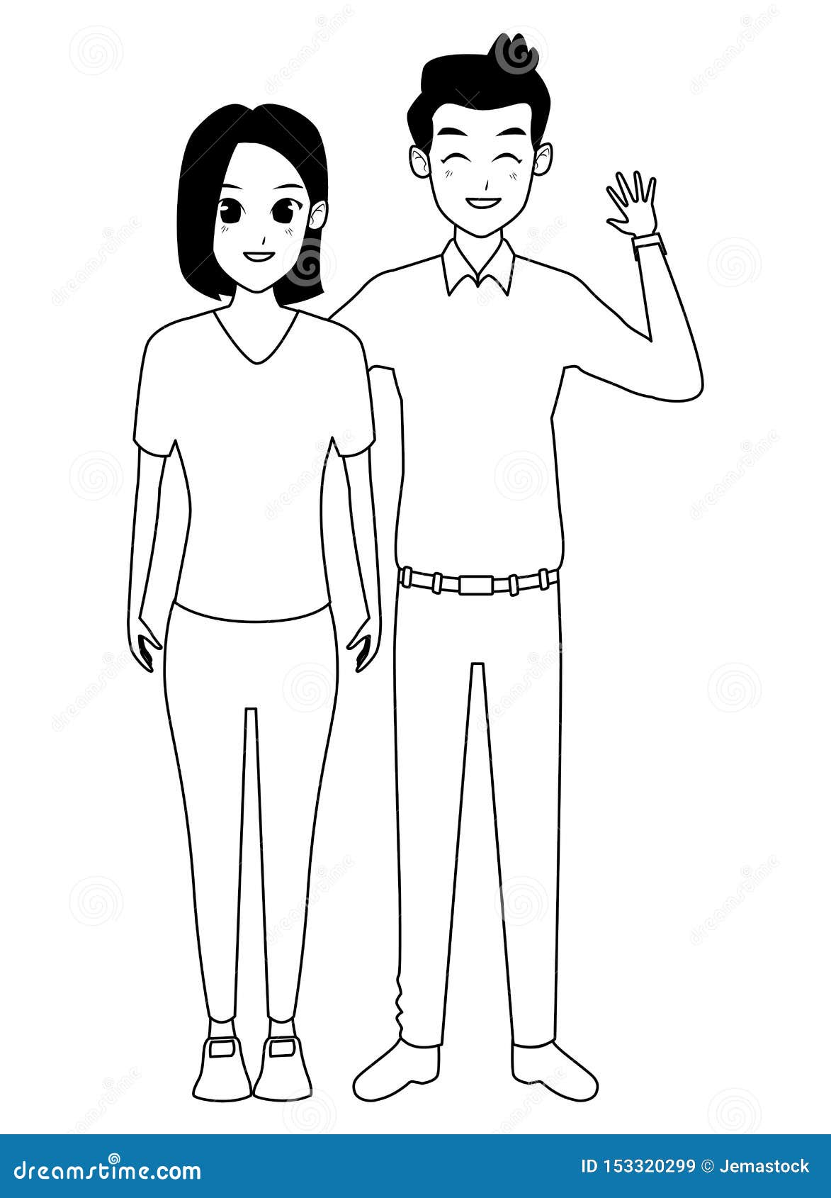 Young Adult Couple Greeting Cartoon in Black and White Stock Vector -  Illustration of face, girlfriend: 153320299