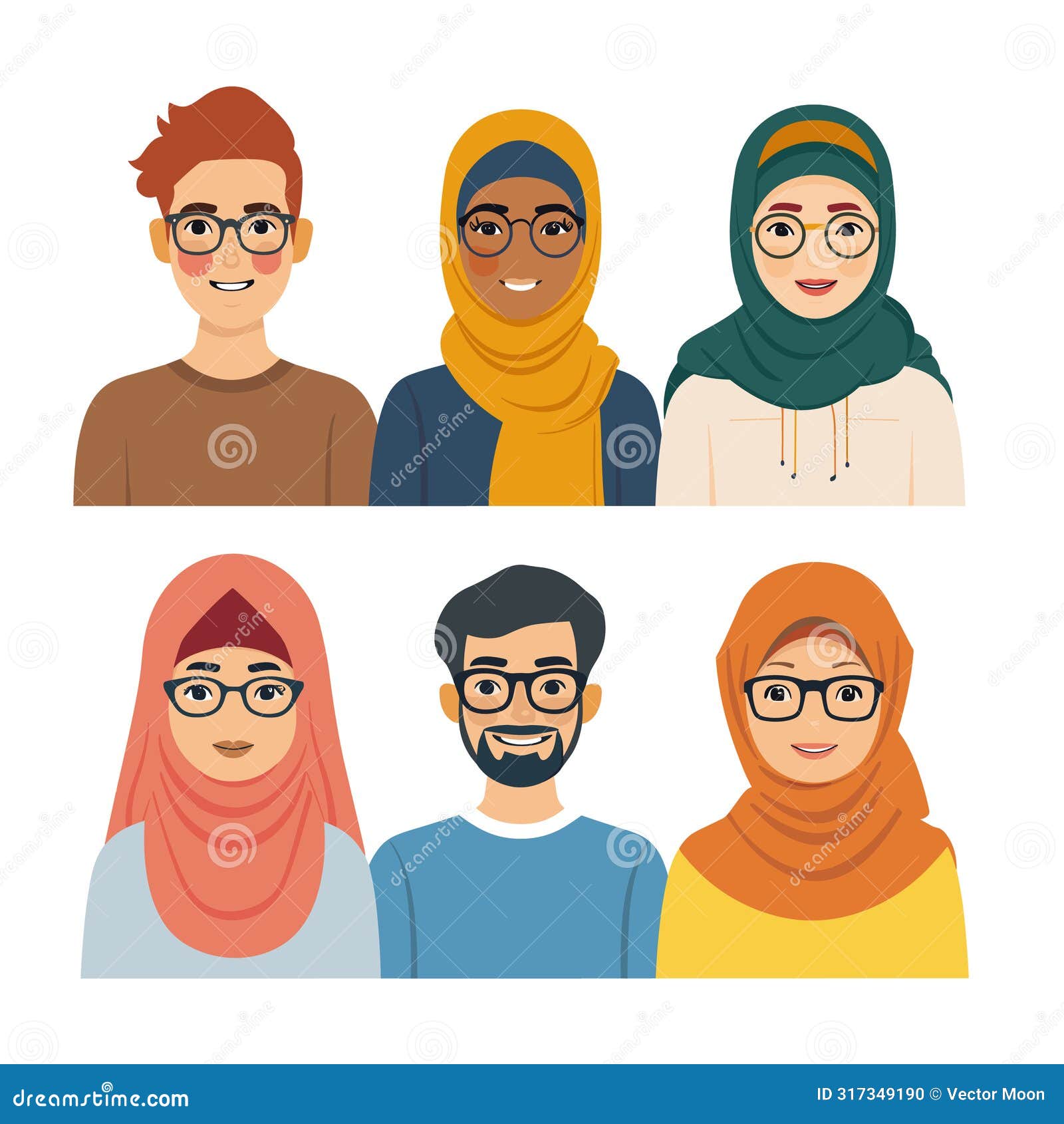 young adults smiling, diverse ethnicities. muslim women wearing hijabs, man glasses. cheerful