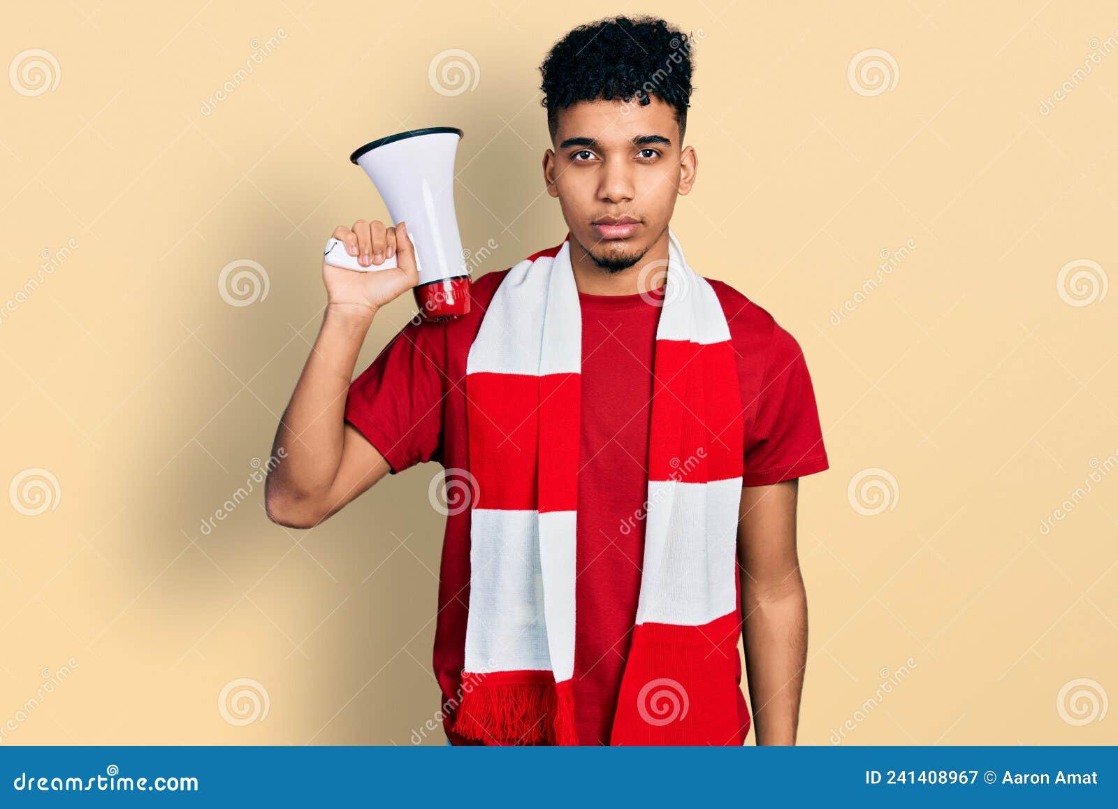 Young African American Man Football Hooligan Holding Megaphone Thinking ...