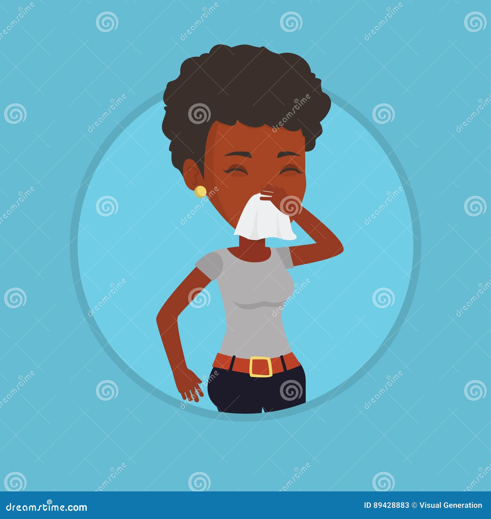 young african-american sick woman sneezing.