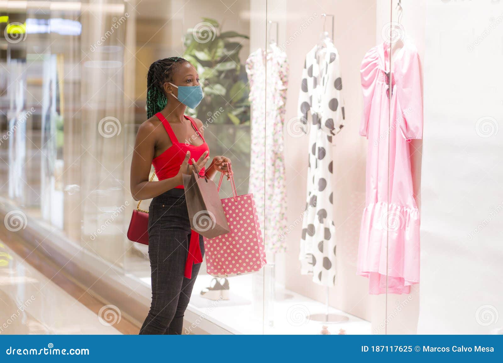 Young African American Woman at Shopping Mall in New Normal after Covid ...