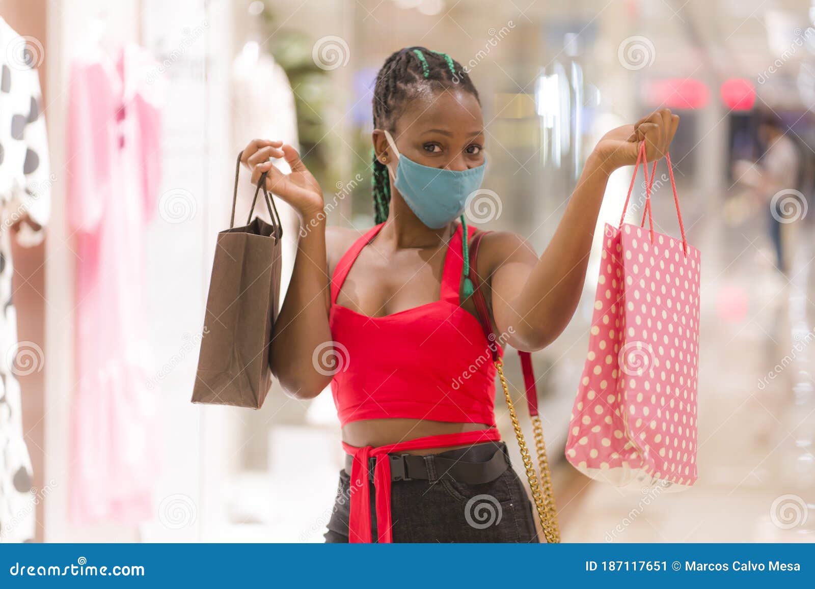 Young African American Woman at Shopping Mall in New Normal after Covid ...