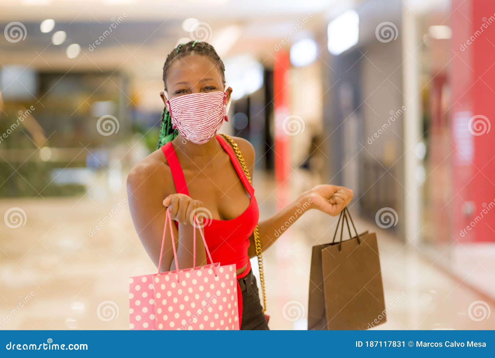 Young African American Woman at Shopping Mall in New Normal after Covid ...