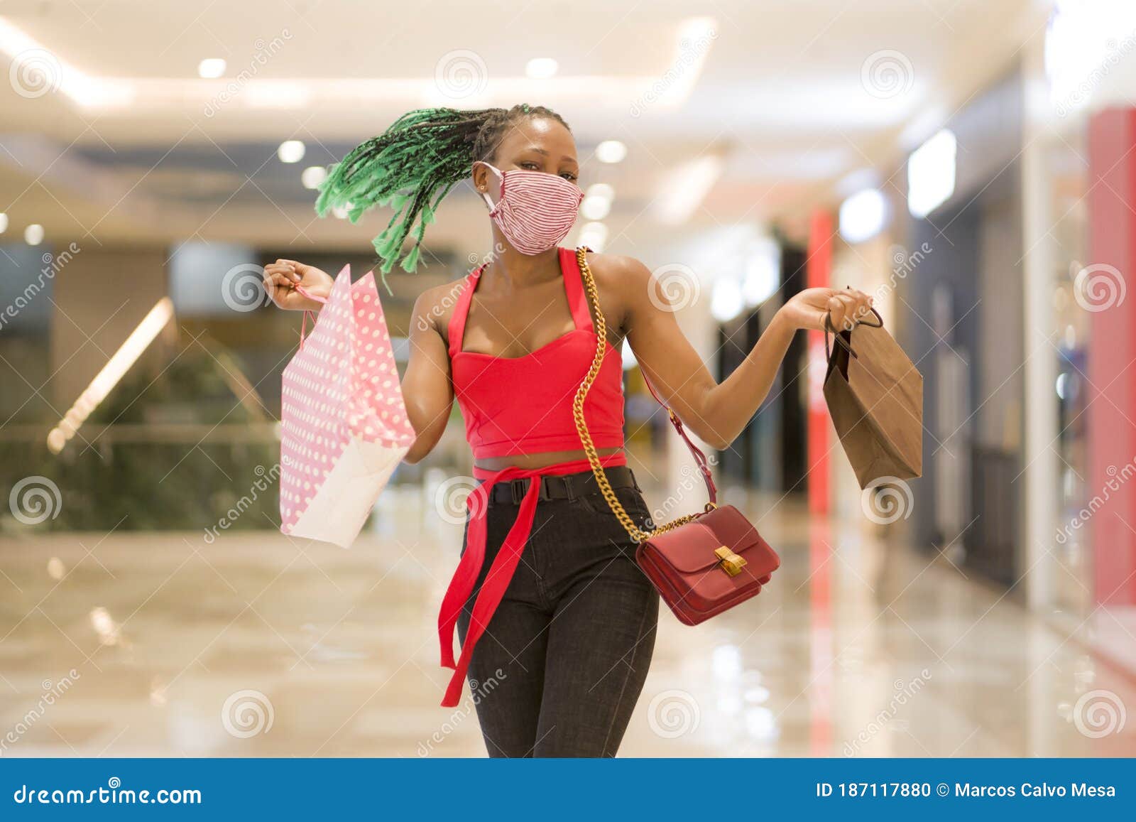 Young African American Woman at Shopping Mall in New Normal after Covid ...