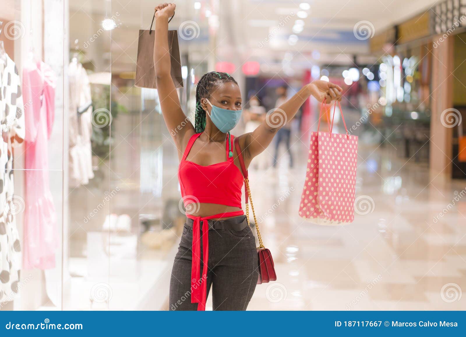 Young African American Woman at Shopping Mall in New Normal after Covid ...