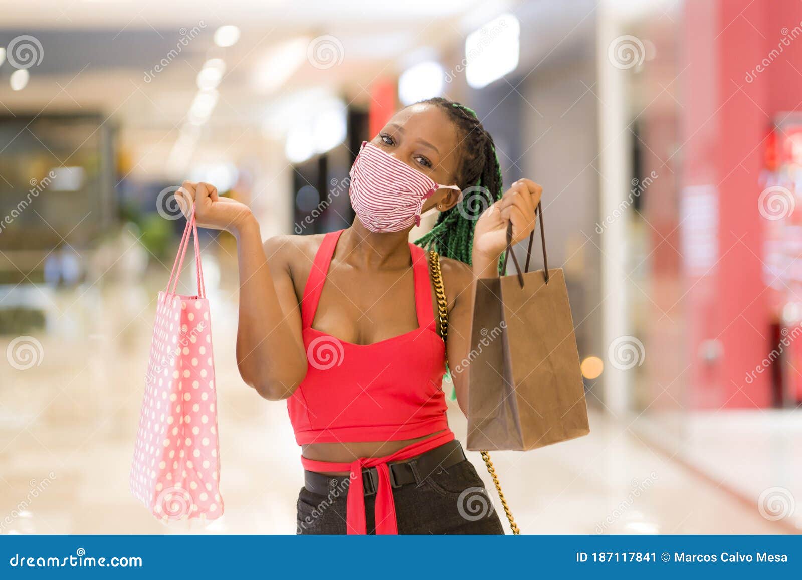 Young African American Woman at Shopping Mall in New Normal after Covid ...