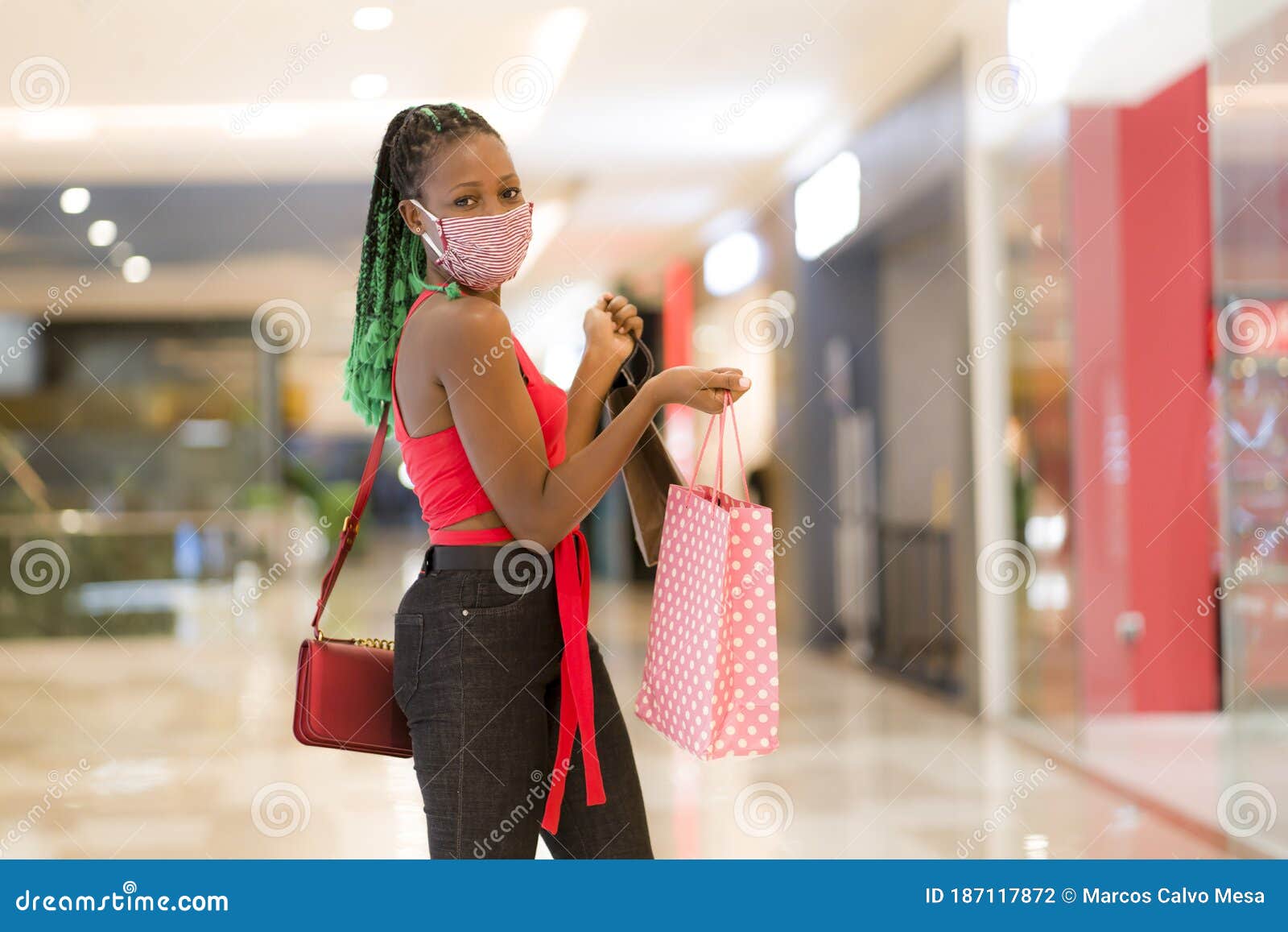 Young African American Woman at Shopping Mall in New Normal after Covid ...