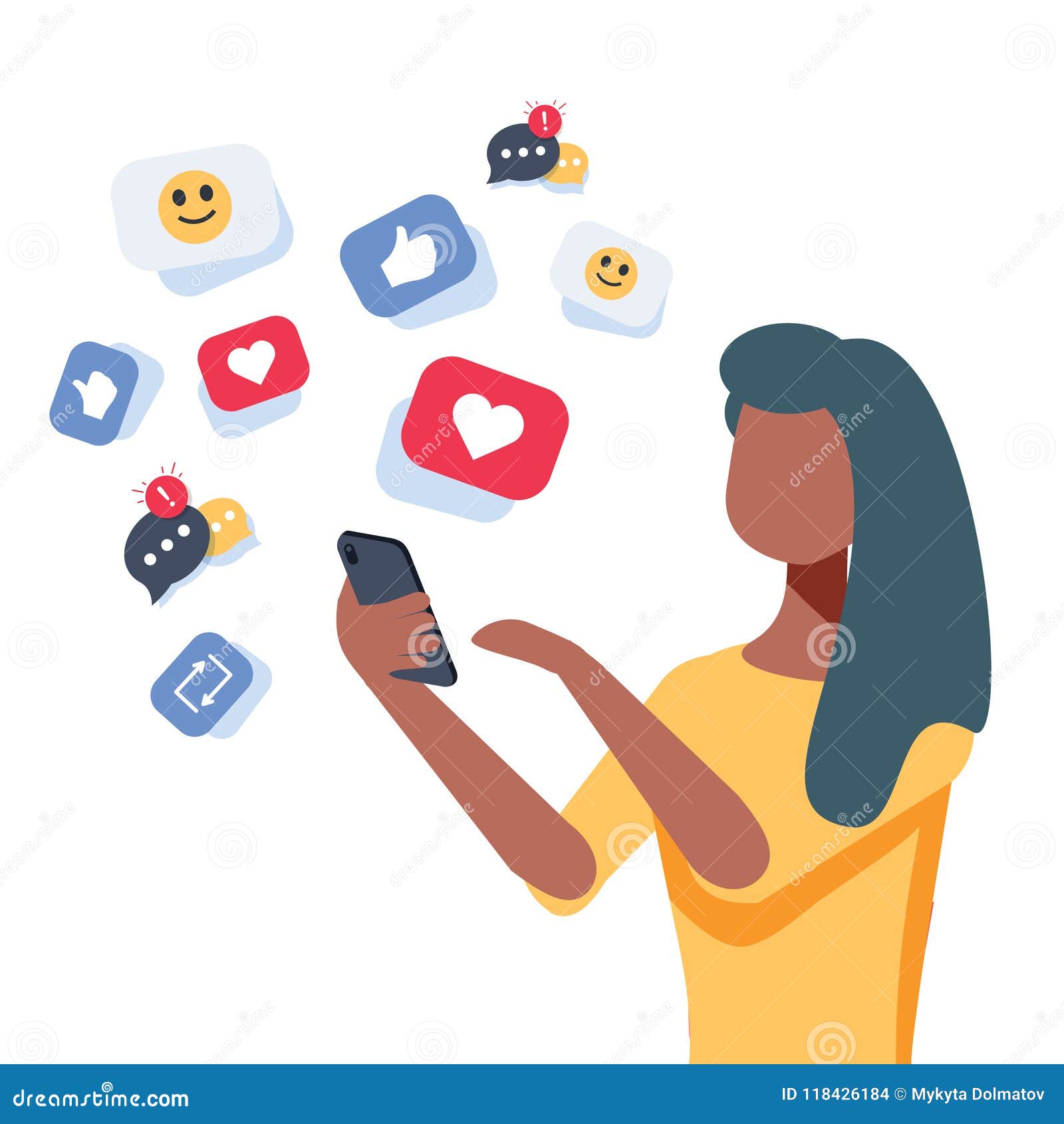 young african-american woman using a smartphone with many social media heart like icons. woman getting likes