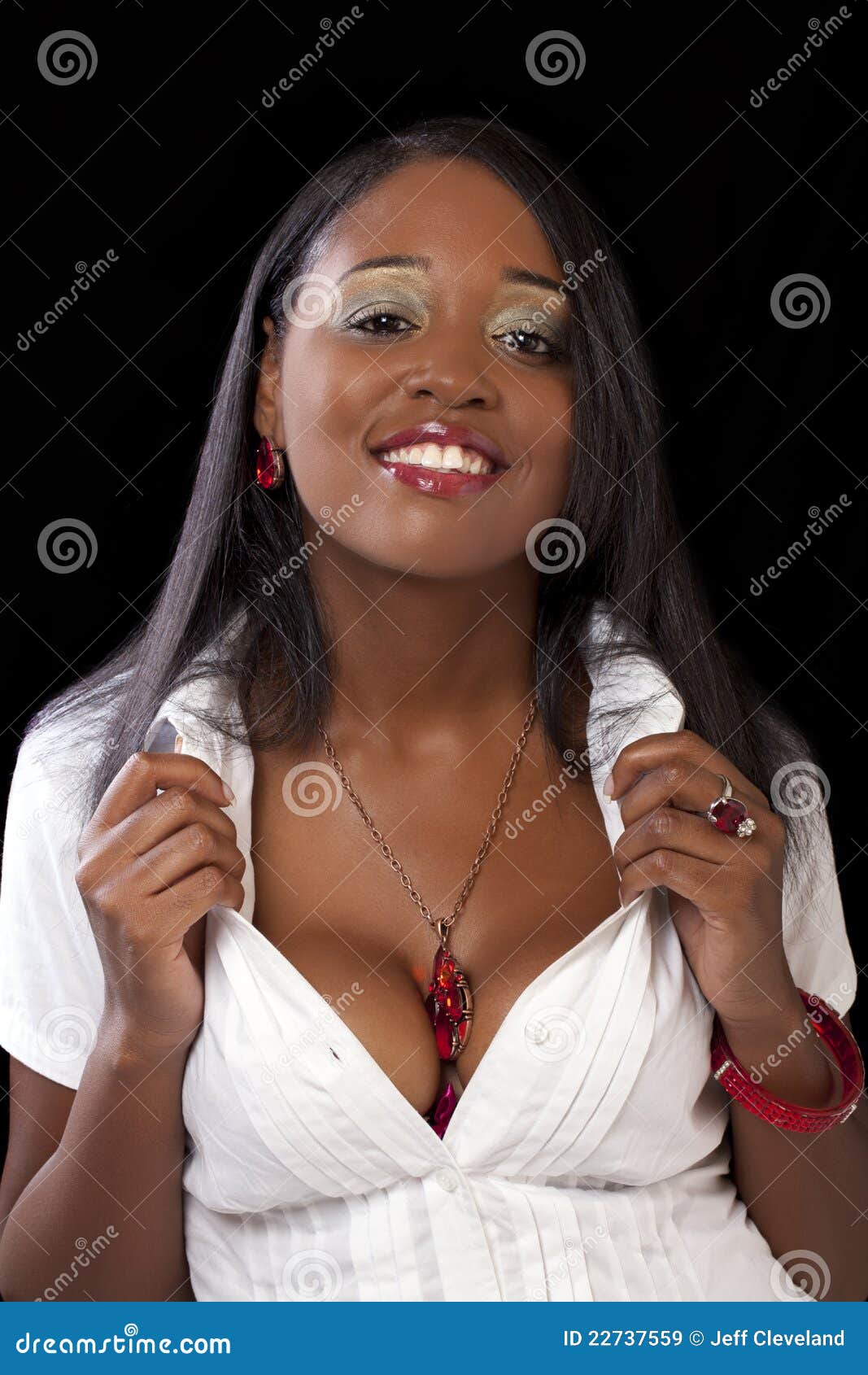 Young African American Woman White Shirt Cleavage Stock Image - Image