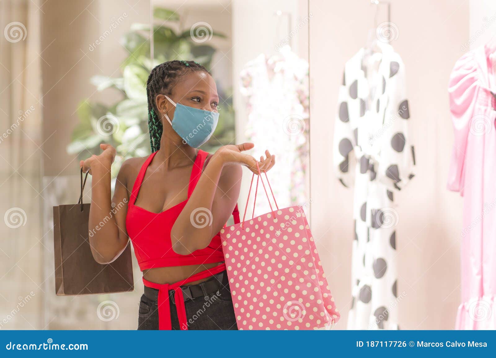 Young Afro American Woman at Shopping Mall in New Normal after Covid-19 ...