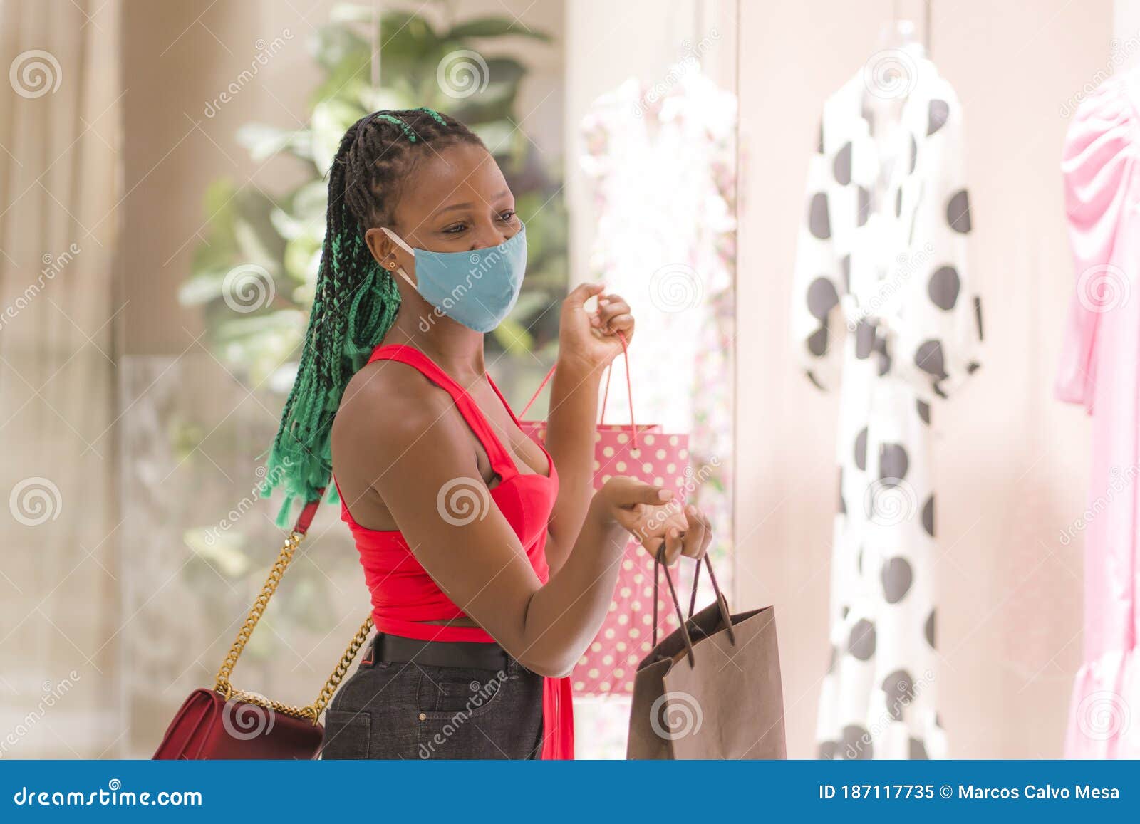 Young Afro American Woman at Shopping Mall in New Normal after Covid-19 ...