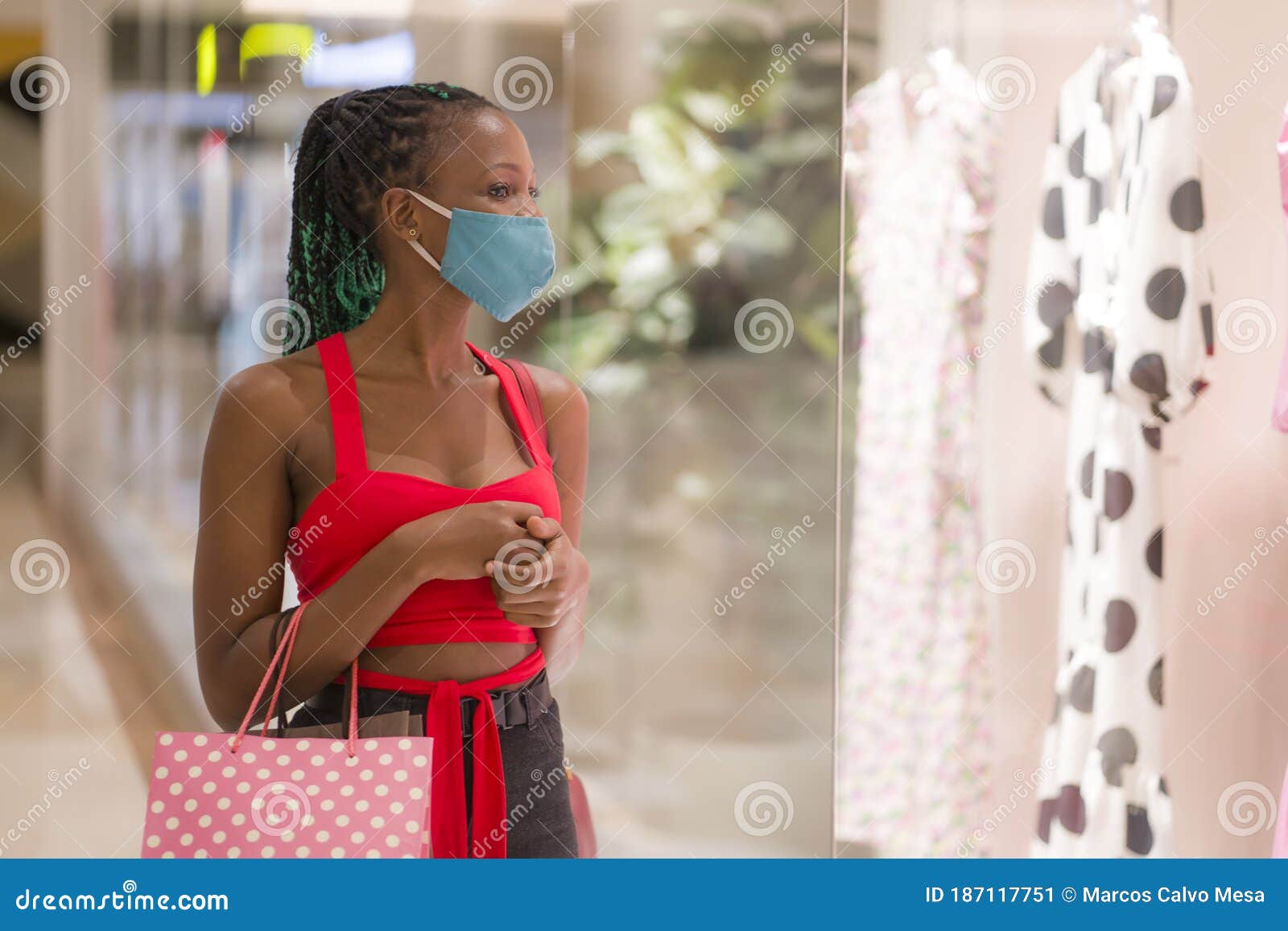 Young Afro American Woman at Shopping Mall in New Normal after Covid-19 ...