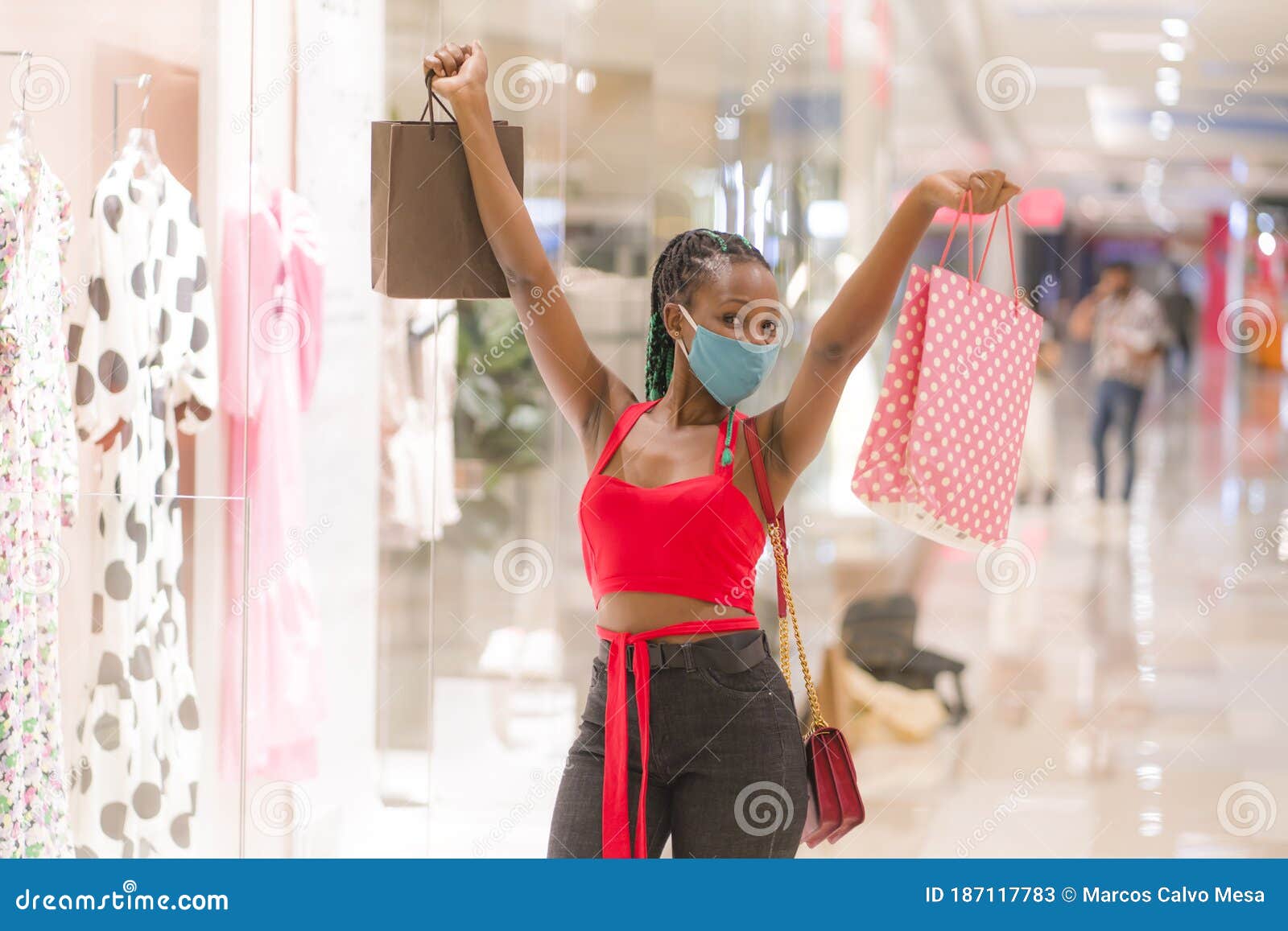 Young Afro American Woman at Shopping Mall in New Normal after Covid-19 ...