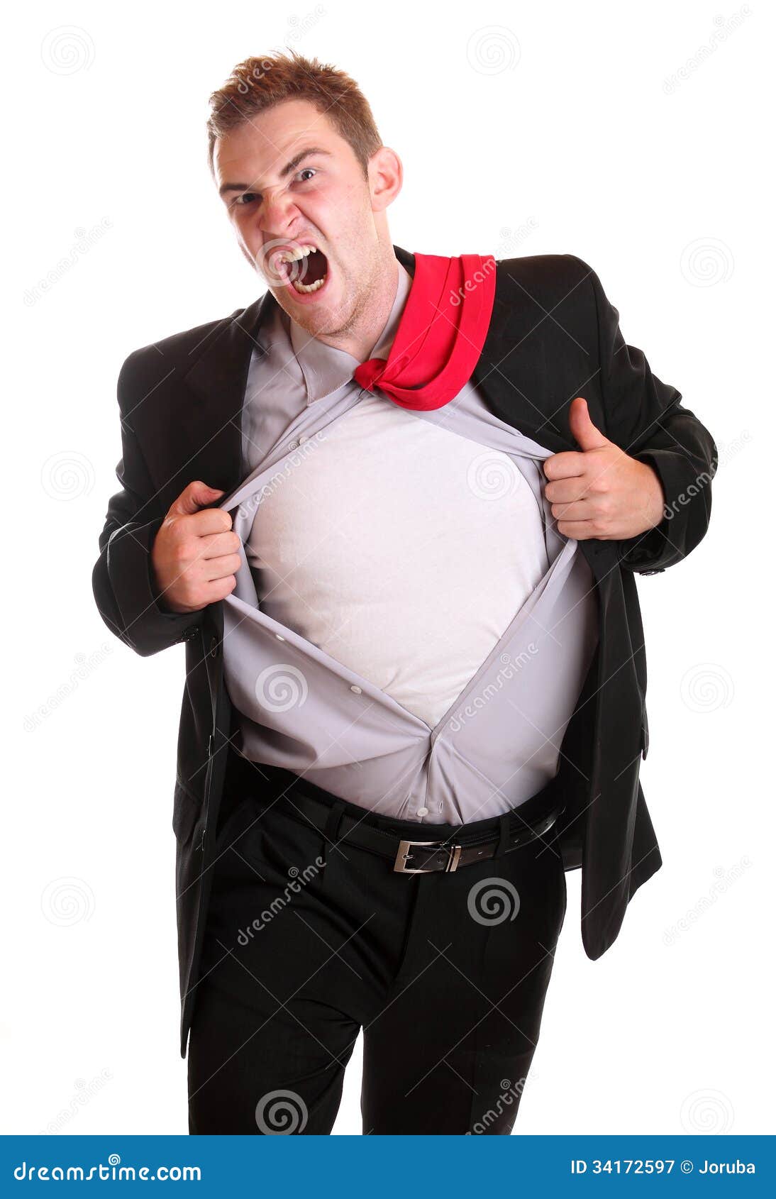 young angry businessman tearing his shirt