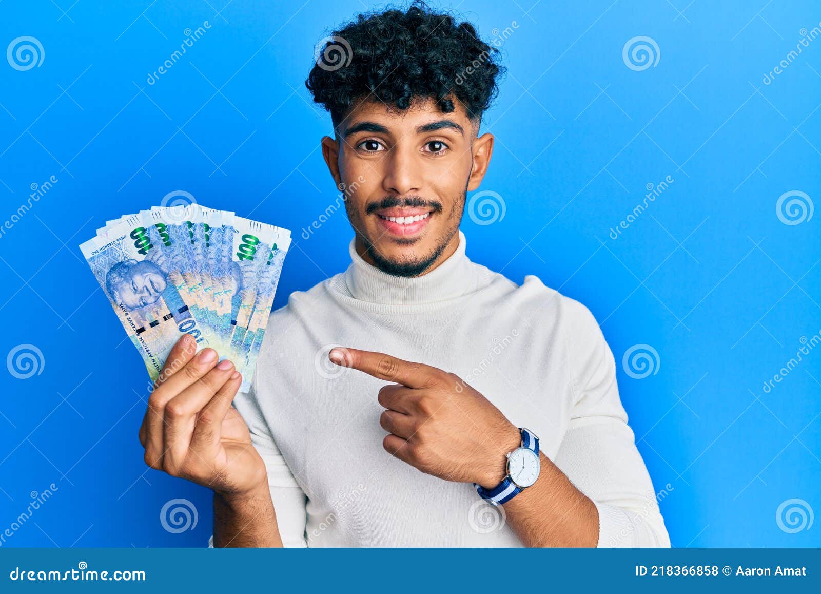 Young Arab Handsome Man Holding South African 100 Rand Banknotes ...