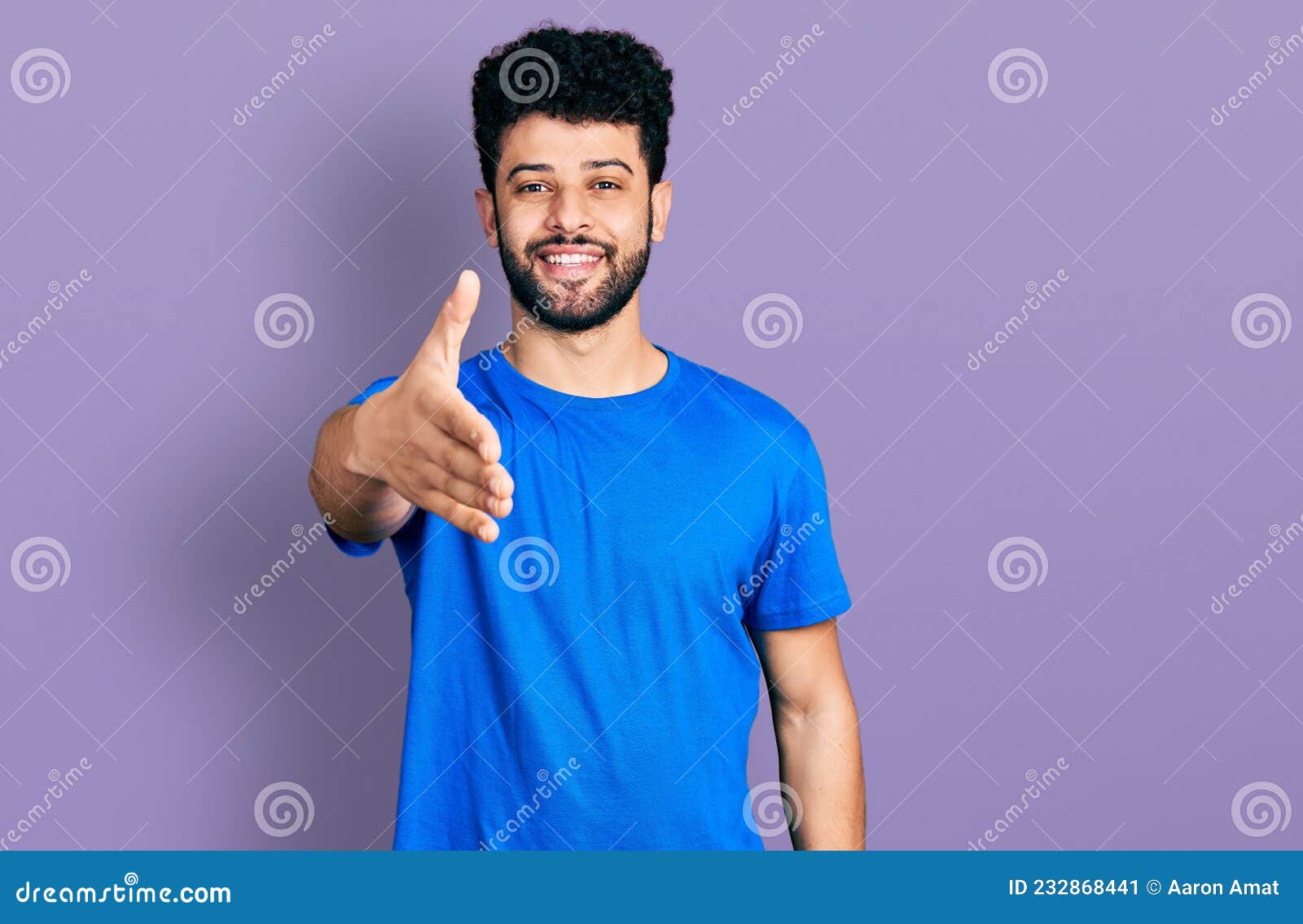 Young Arab Man with Beard Wearing Casual Blue T Shirt Smiling Friendly ...