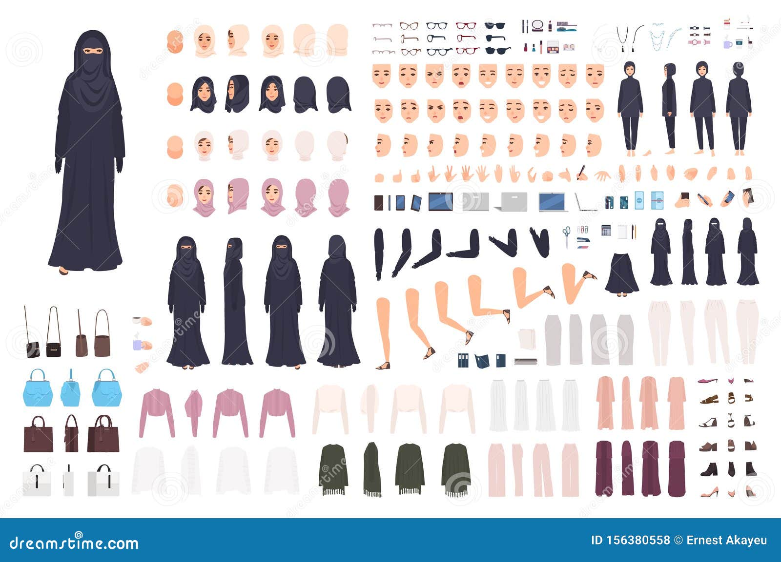 young arab woman in burqa constructor set or animation kit. bundle of female character body parts, emotions, traditional