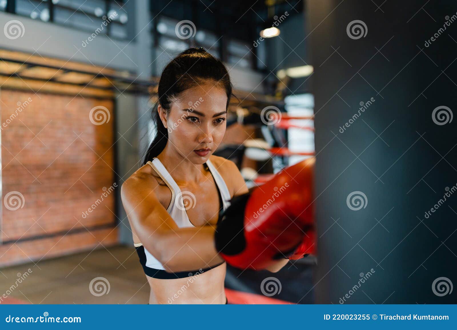 Young Asia lady kickboxing exercise workout punching bag tough female  fighter practice boxing in gym fitness class. Sportswoman recreational  activity, functional training, healthy lifestyle concept. Stock Photo